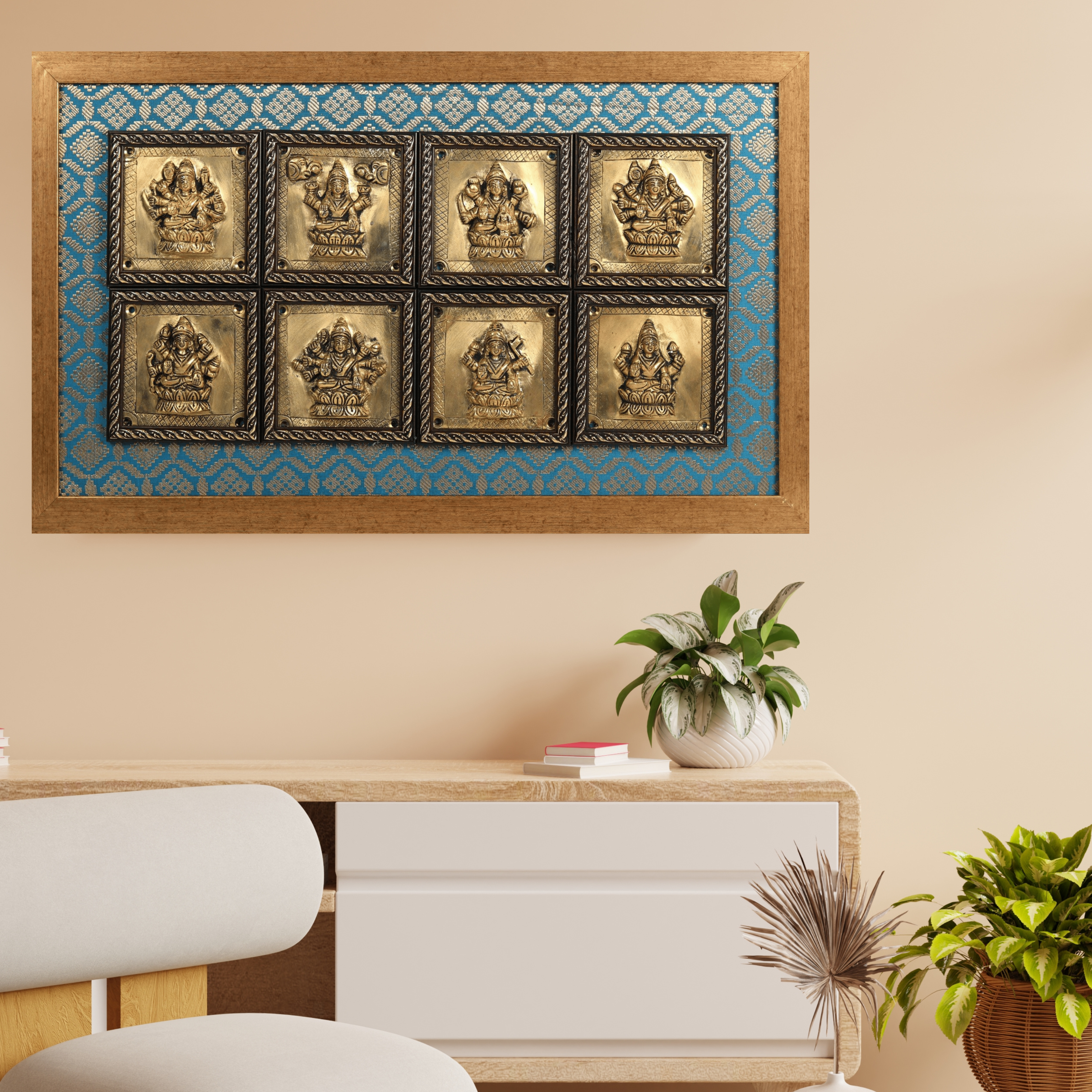  Goddess Ashtalakshmi in Brass | Wooden Wall Hanging Frame #PIF-1125