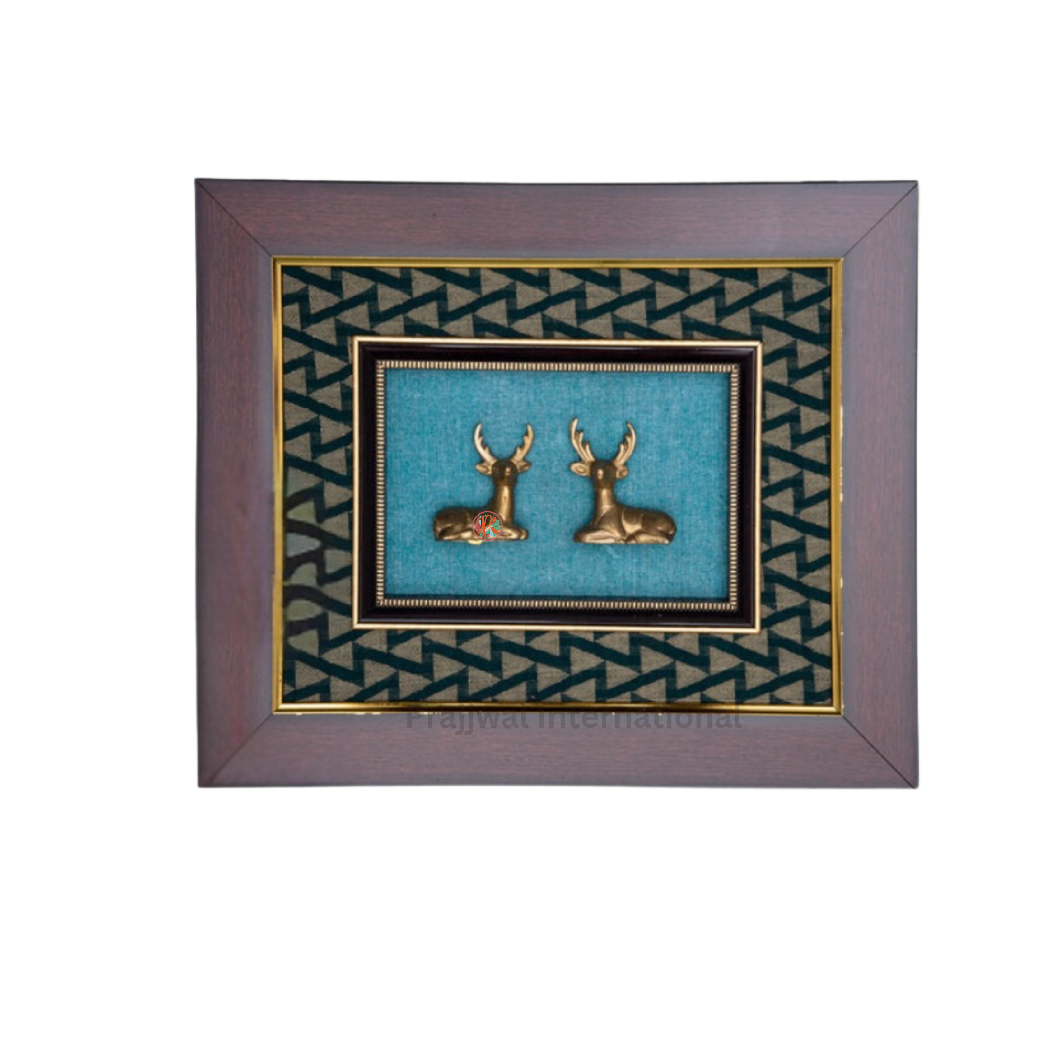 Wooden Framed Pair of Cute Deers in Brass | Wall Hanging