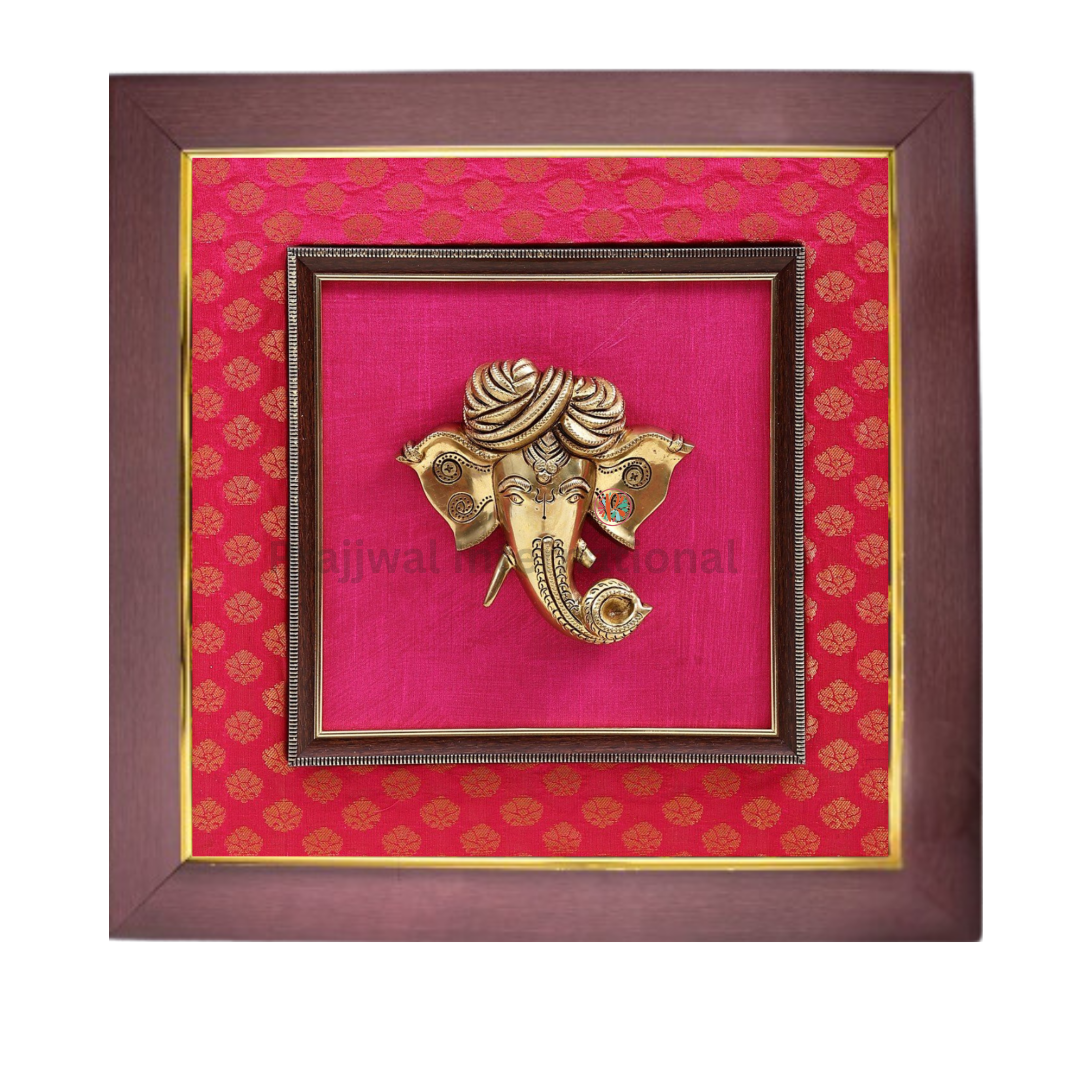 Brass Turbaned Lord Ganesha Mask Wall Hanging with Wooden Frame #PIF-1169