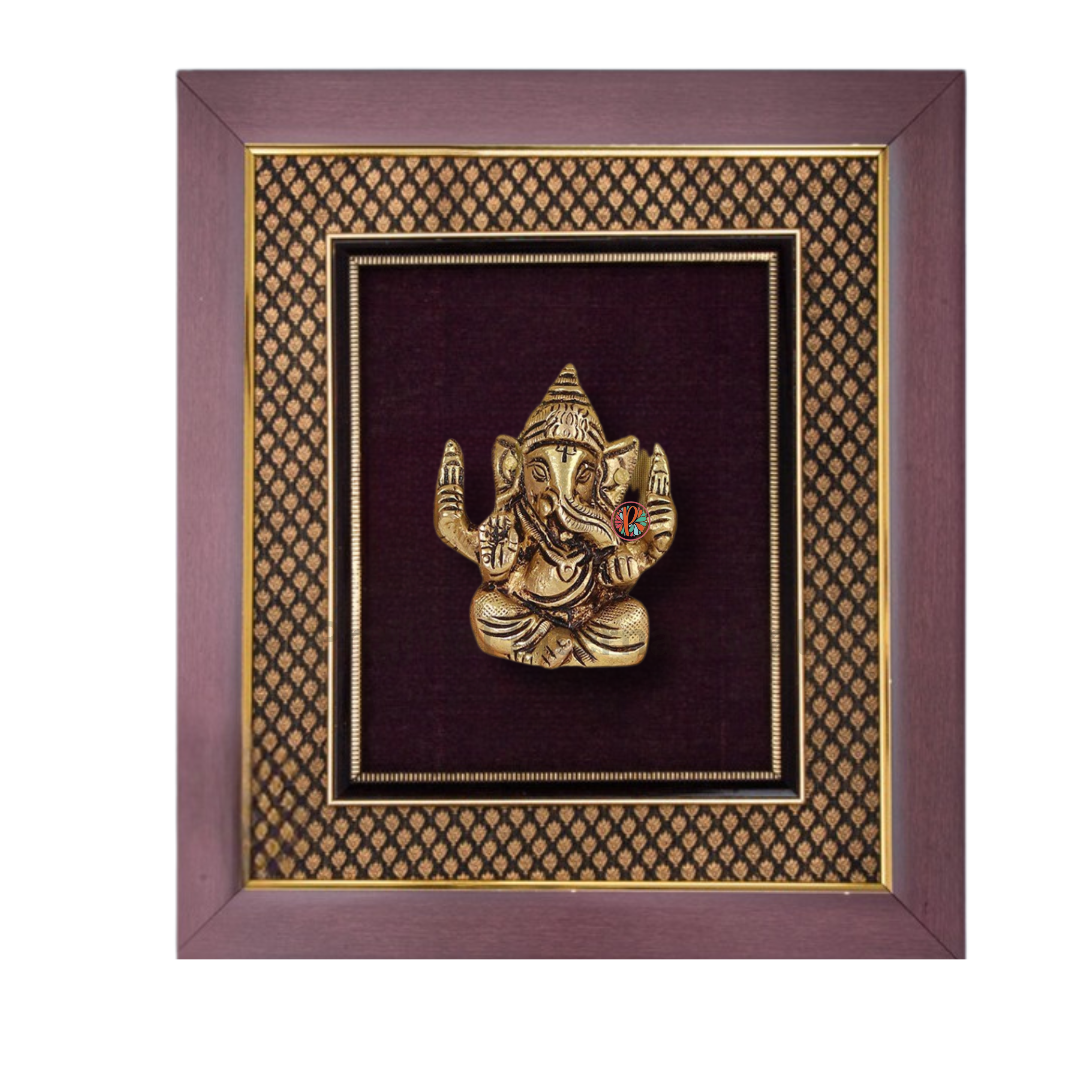 Wooden Framed Chaturbhuja Lord Ganesha in Brass | Wall Hanging #PIF-1158