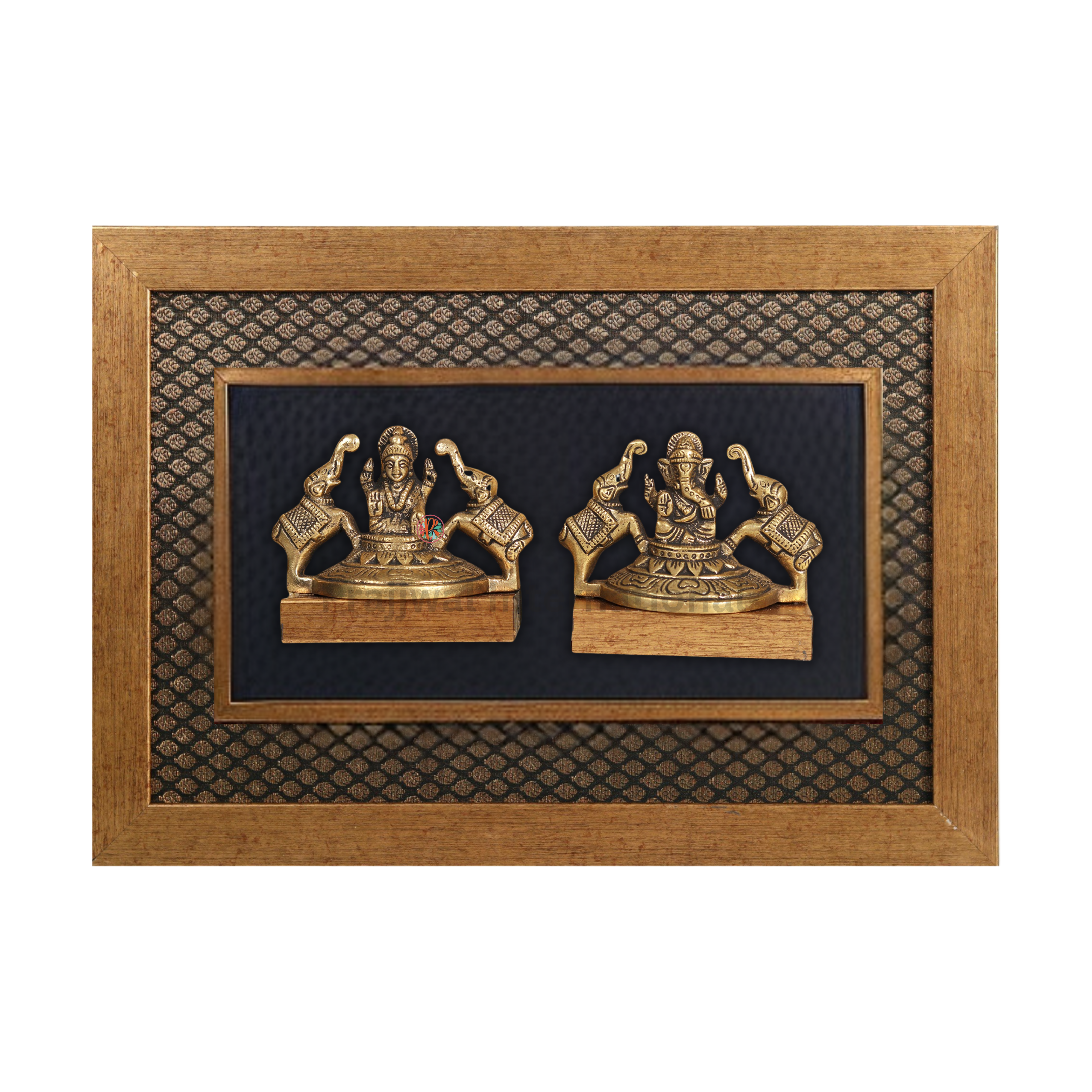 Brass Gajalakshmi and Gaja Ganesha Idol with Wooden Frame #PIF-1153
