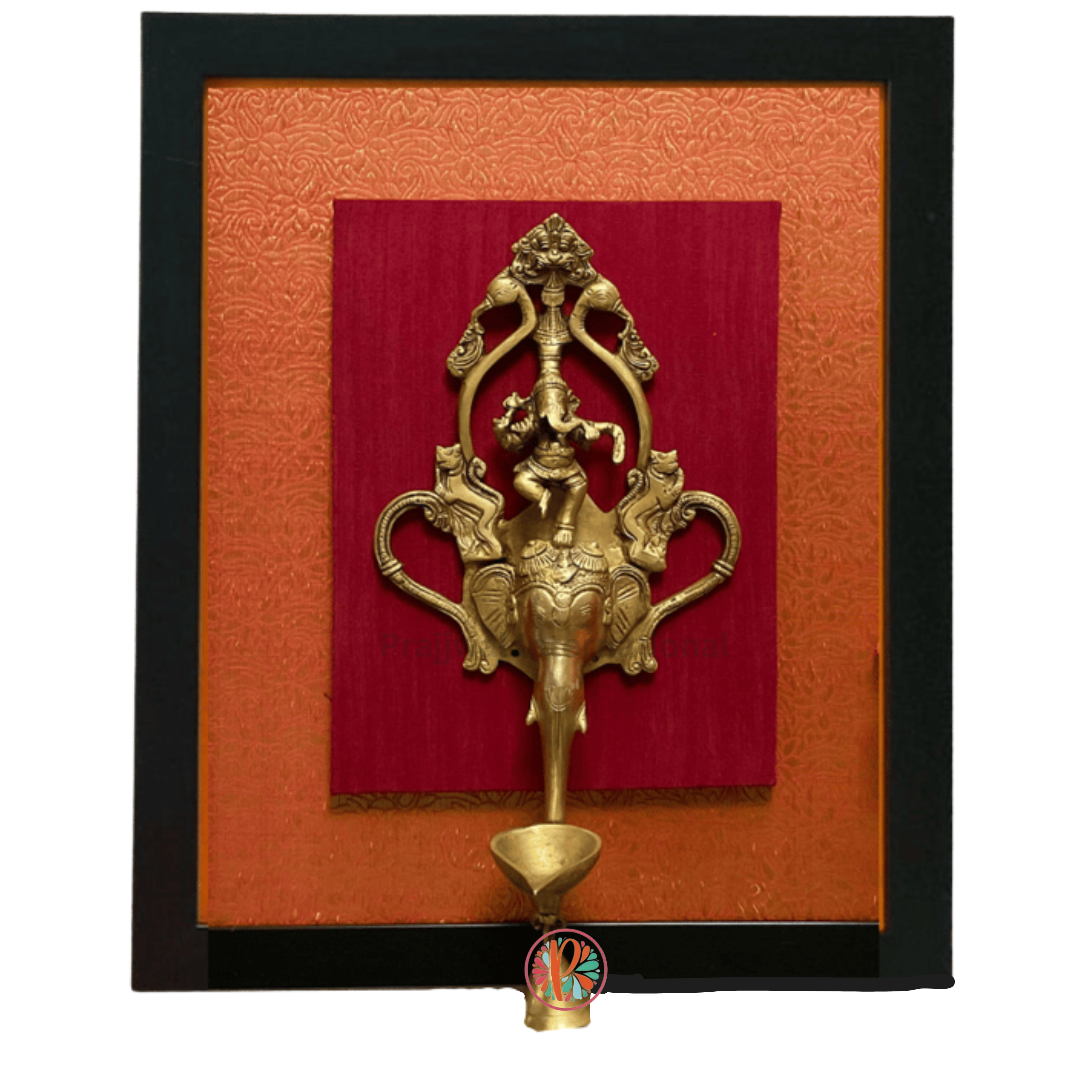 Brass Ganesh with Diya | Framed Wall Hanging Décor | 20 x 17 Inches