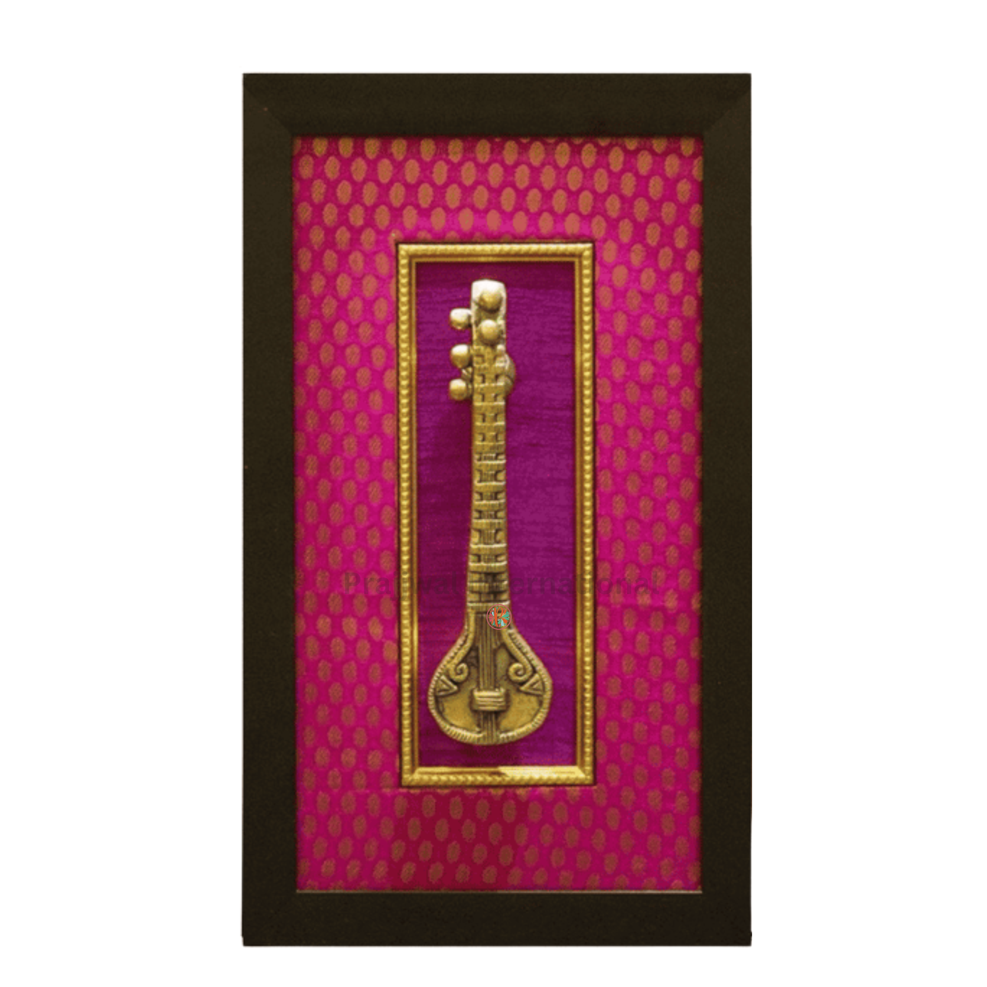 Long Veena Wall Frame | Brass Musical Instrument on Wooden Frame | Ethnic Wall Decor
