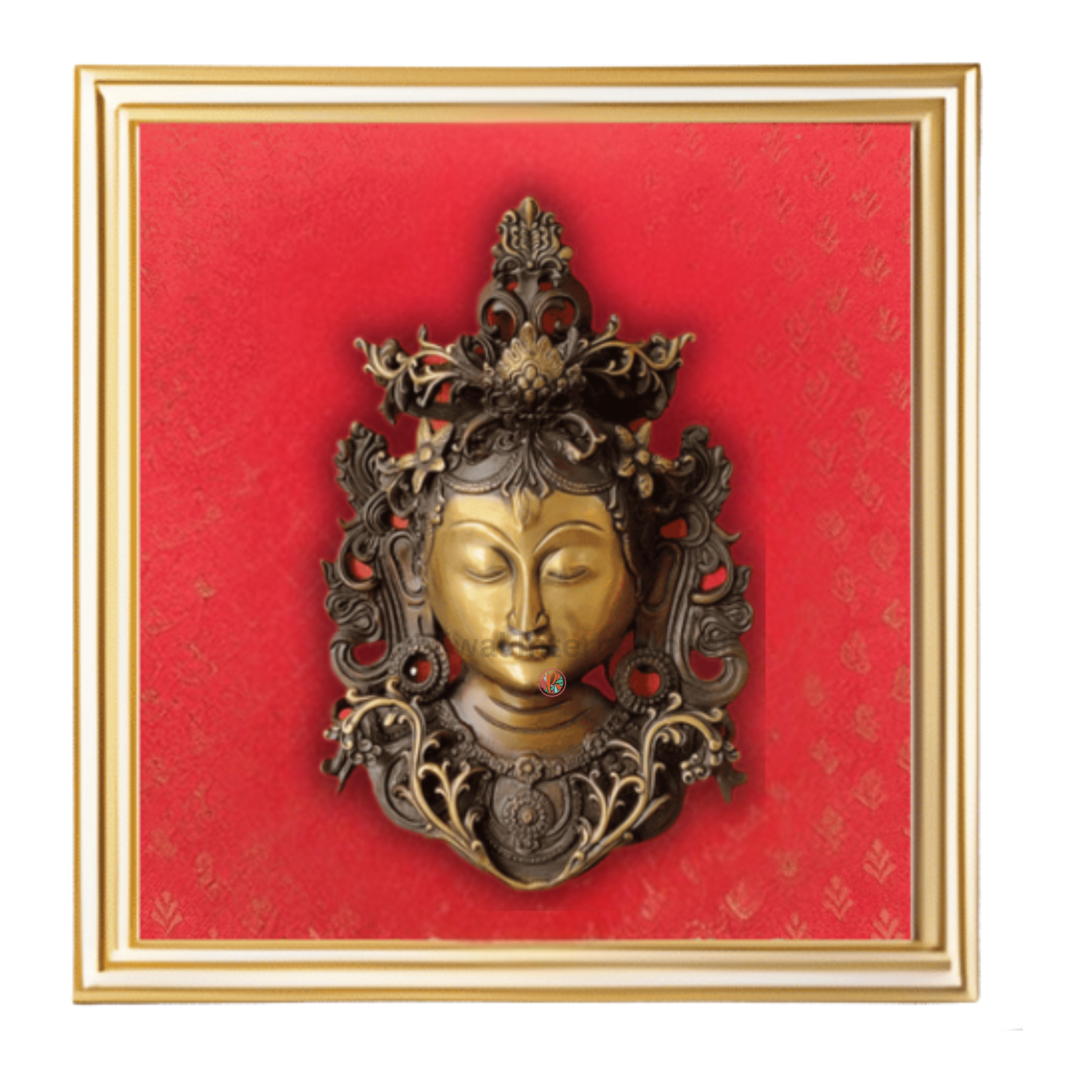 Brass Tara Mask on Wooden Frame | Tibetan-Inspired Wall Decor | Spiritual Home Accent