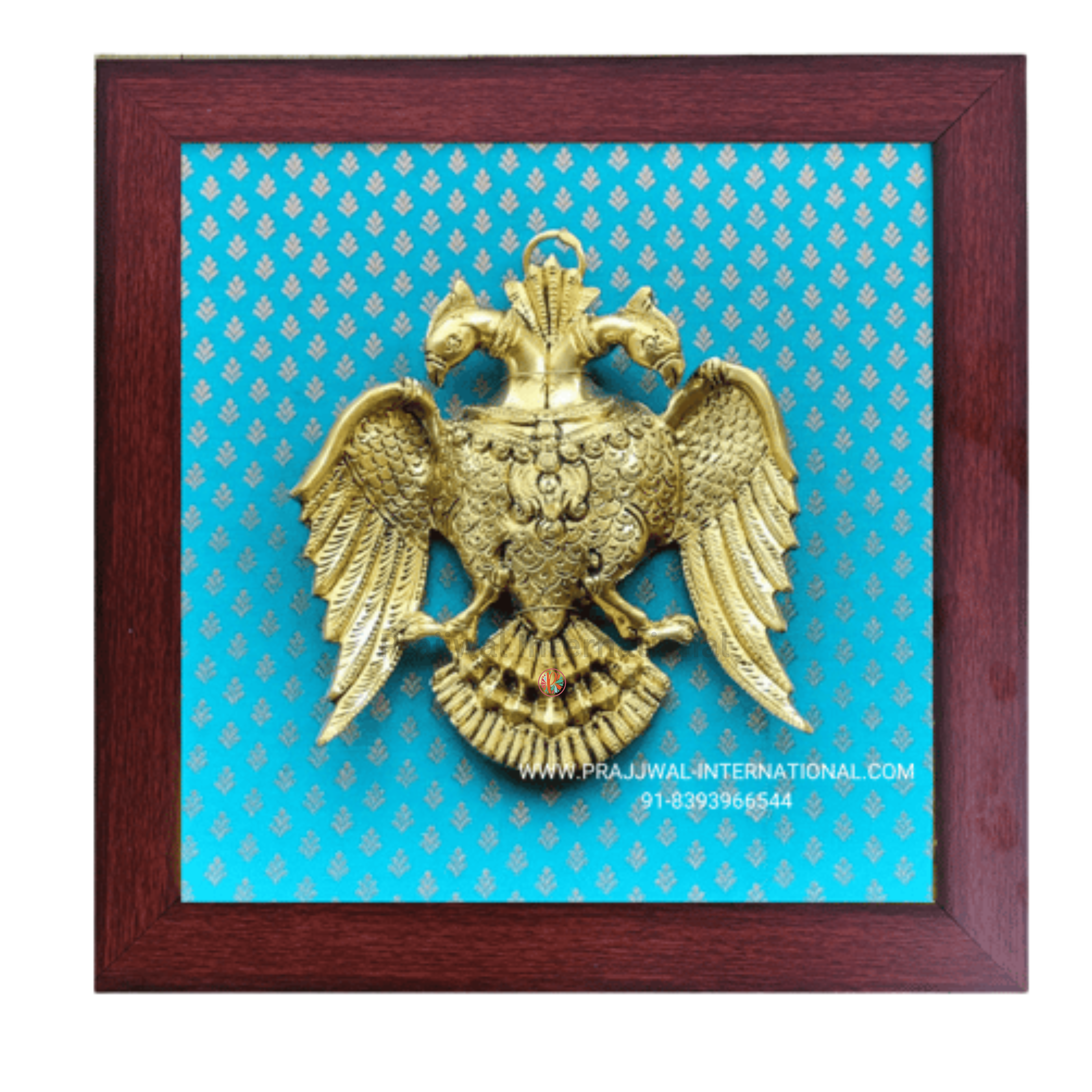 Gandaberunda Wall Frame | Double-Headed Eagle in Brass on Wooden Frame | Symbol of Strength and Protection