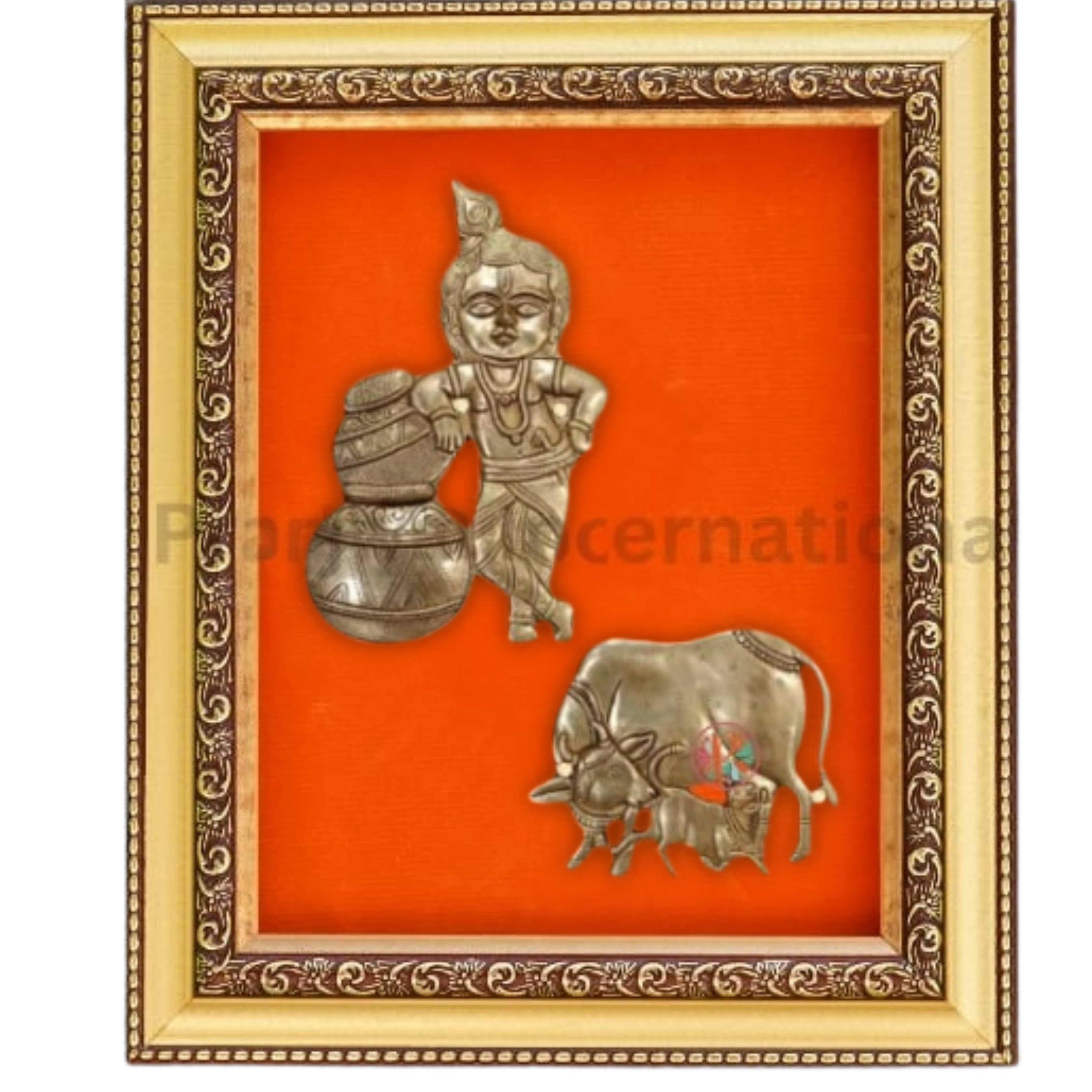Brass Bal Gopal with Cow & Calf Wall Hanging Frame – Divine Childhood in Artistic Brass