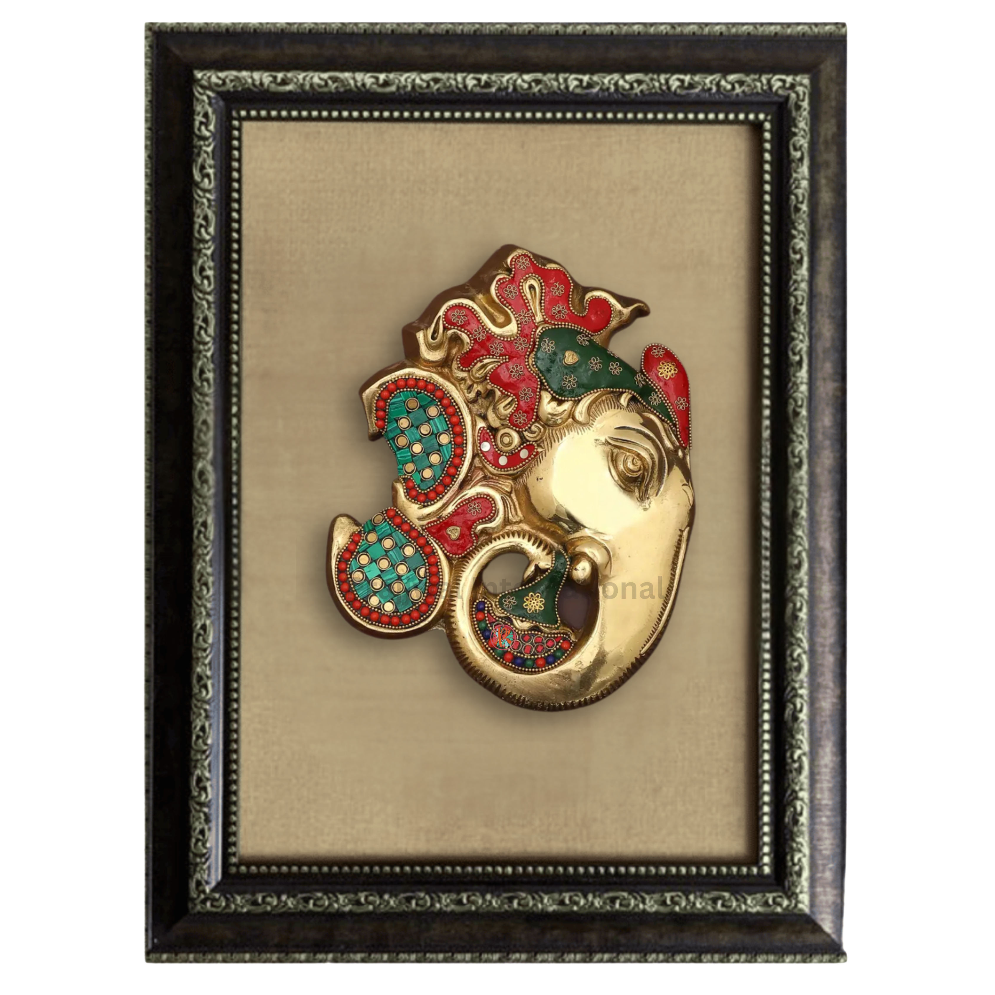 Lord Ganesha Face with Inlay Work | Wood-Framed Brass Sculpture | Wall Hanging