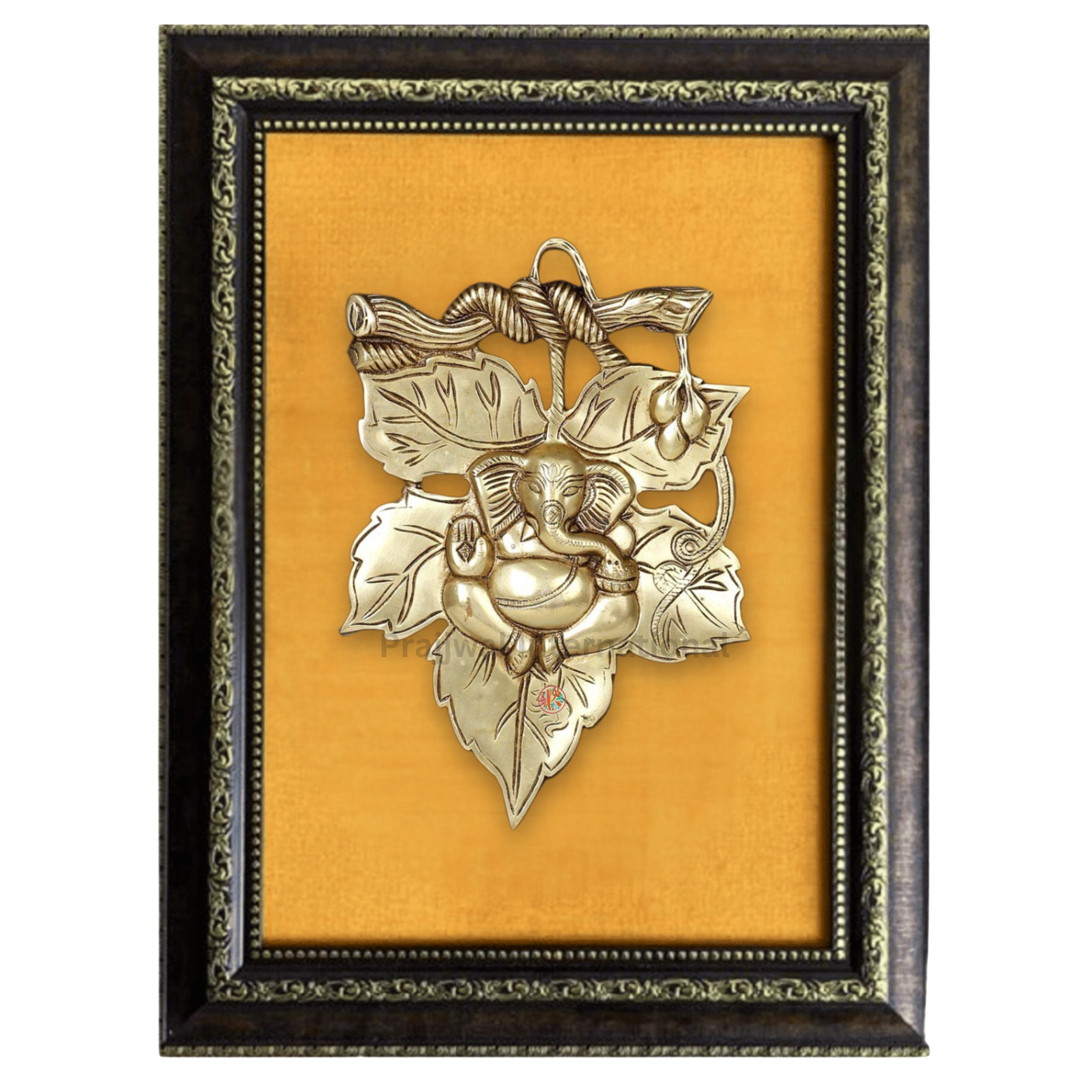 Leaf Ganesha | Wood-Framed Brass Sculpture | Wall Hanging Decor