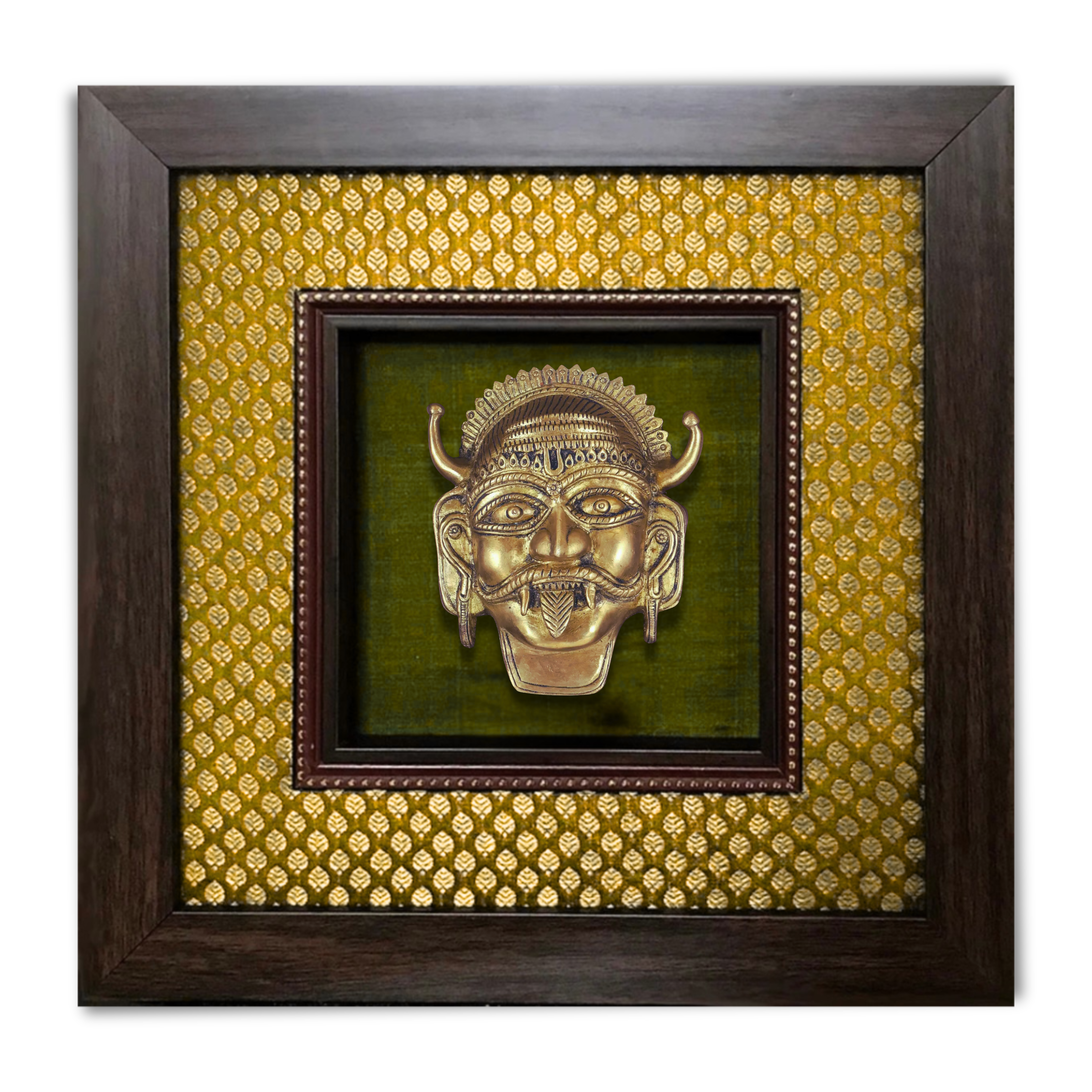 Brass Bhairava Mask Wall Hanging in 14x14 Inch Frame