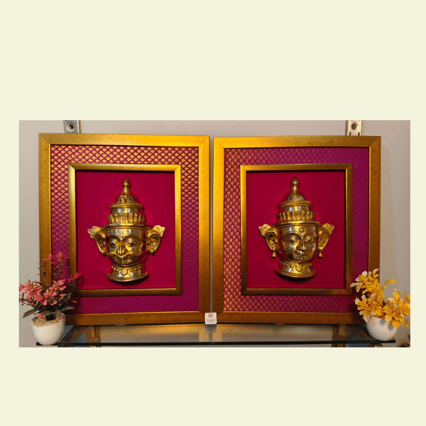 Brass Gauri & Shiv Mukhalingam Wall Hanging Frame – 15x18 Inch | Handcrafted Brass Idols on Wooden Frame