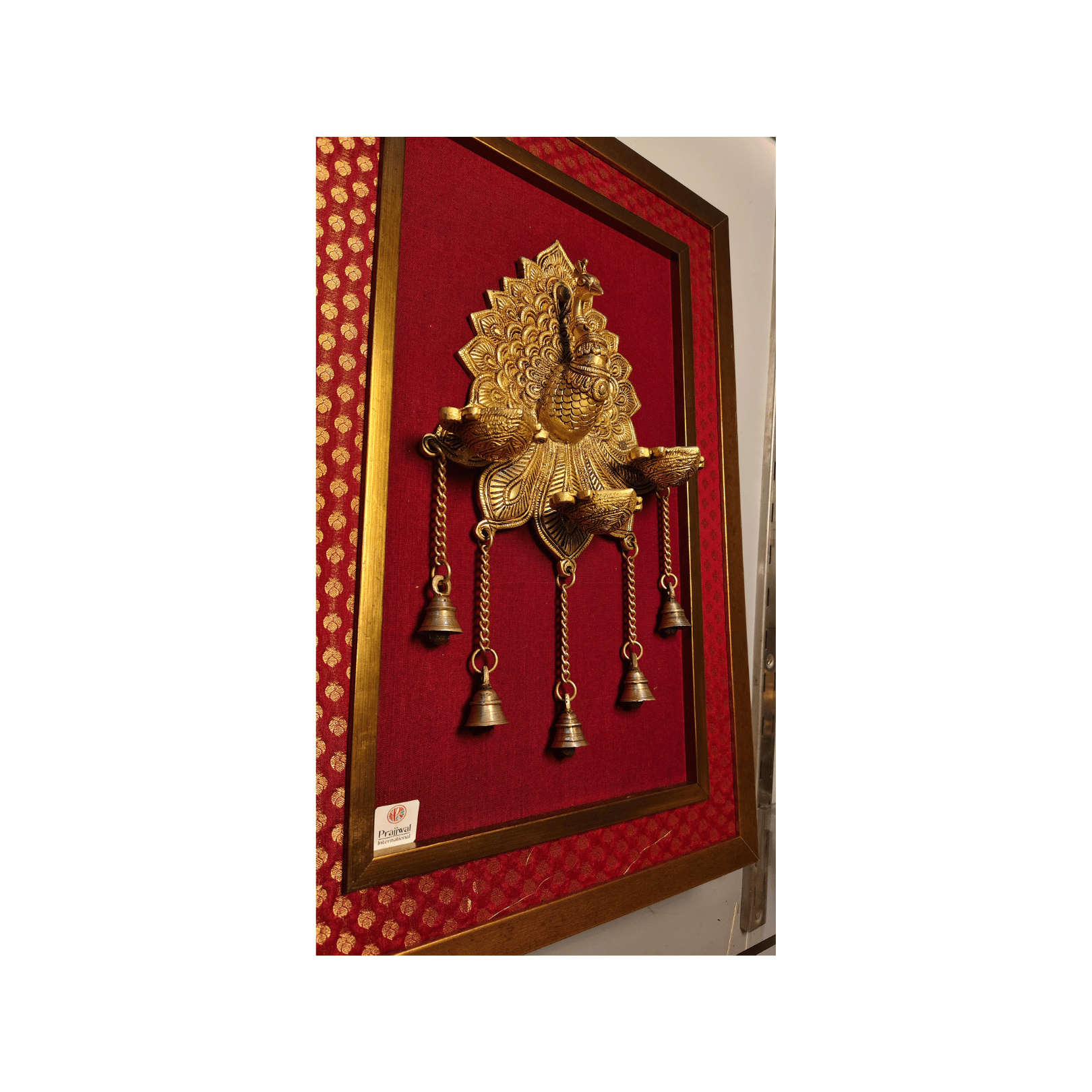 Brass Peacock Diya Holder Wall Hanging Frame – 26x18 Inch | Handcrafted Brass & Wooden Décor