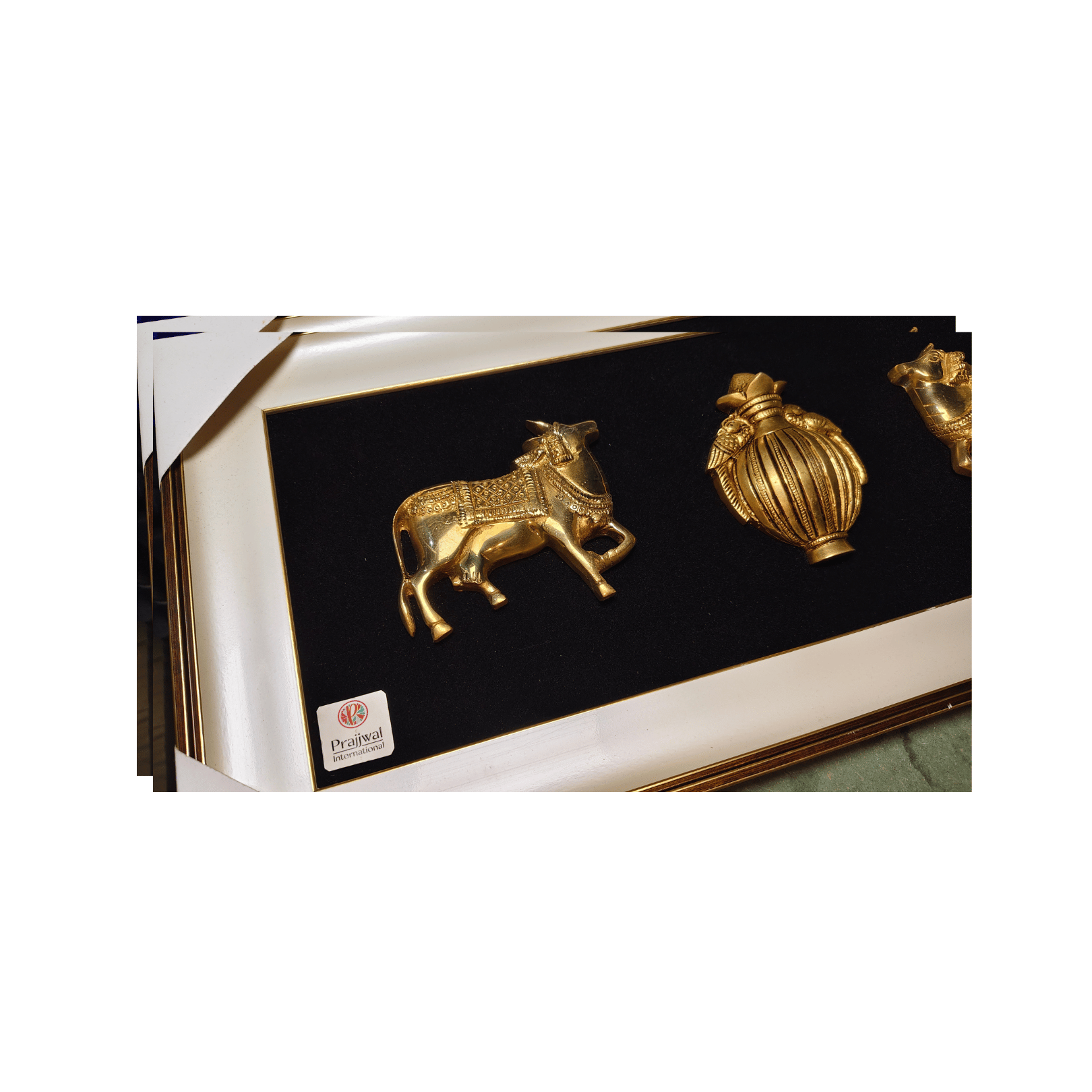 Brass Kamdhenu Cow Wall Hanging Frame – 23x11 Inch | Handcrafted Brass Idol on Wooden Frame