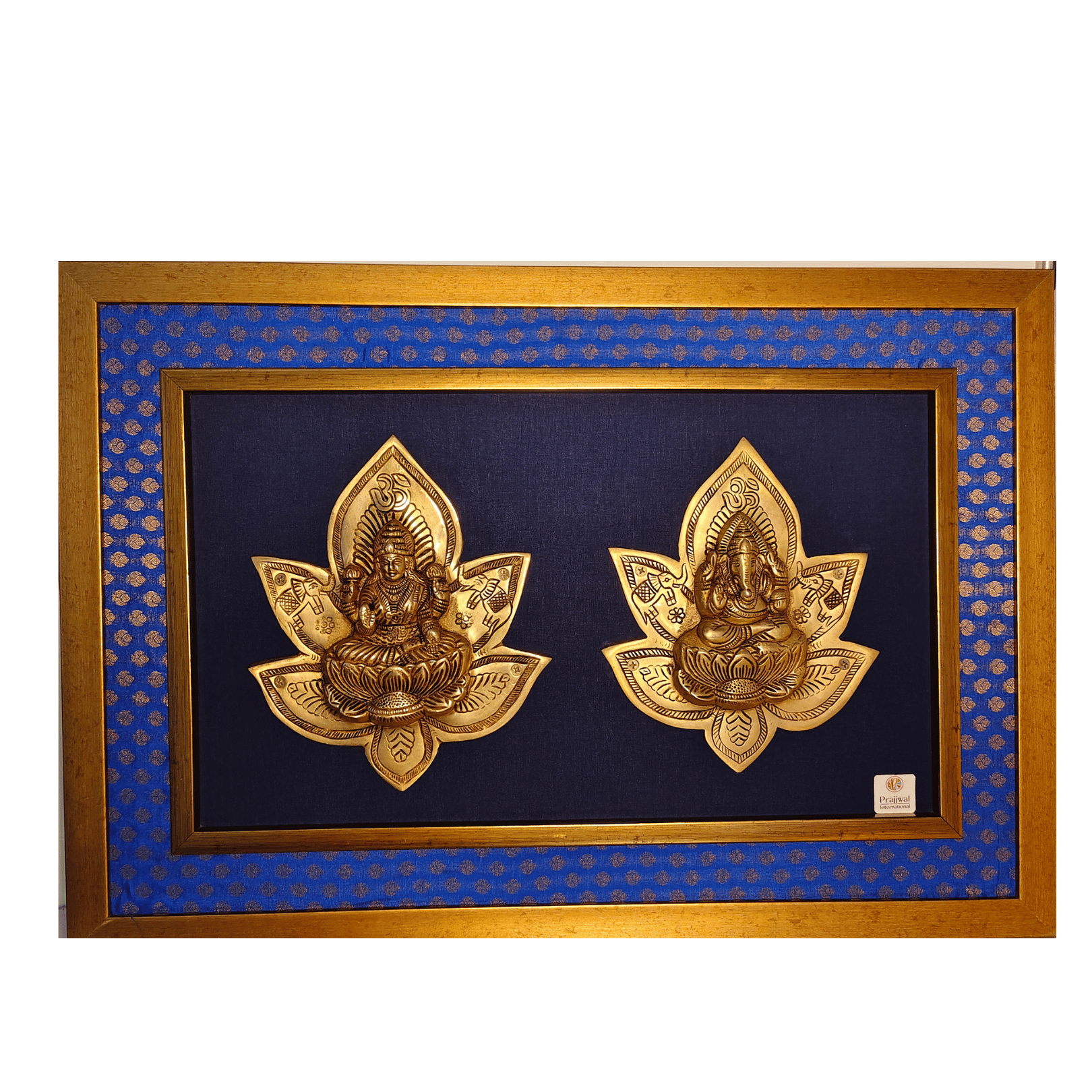 Brass Lakshmi & Ganesha Lotus Wall Hanging Frame – 26x18 Inch | Handcrafted Brass Idols on Wooden Frame
