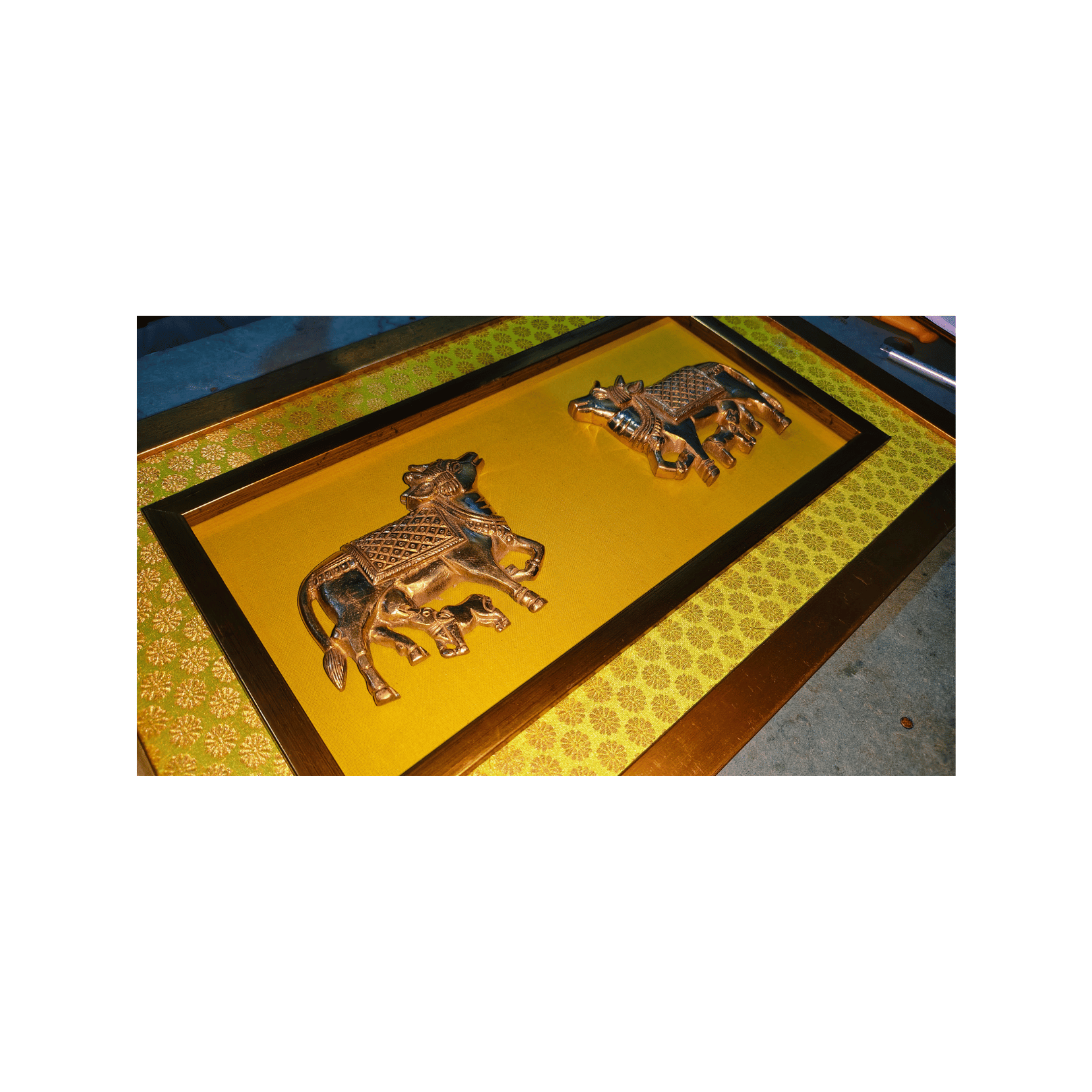 Brass Kamdhenu Cow and Calf Wall Hanging Frame – 14x16 Inch | Handcrafted Spiritual Wall Art