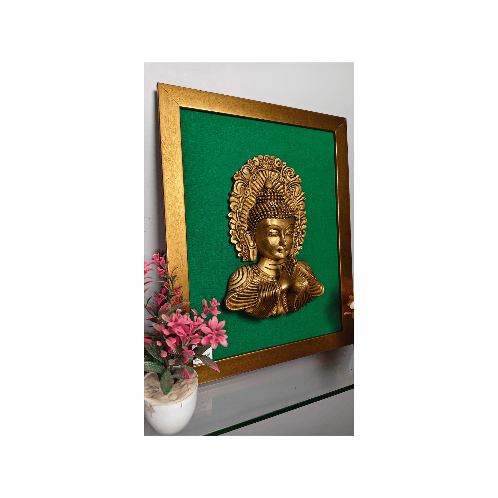 Brass Buddha Mask Wall Hanging Frame – 12x16 Inch | Handcrafted Brass Idol on Wooden Frame
