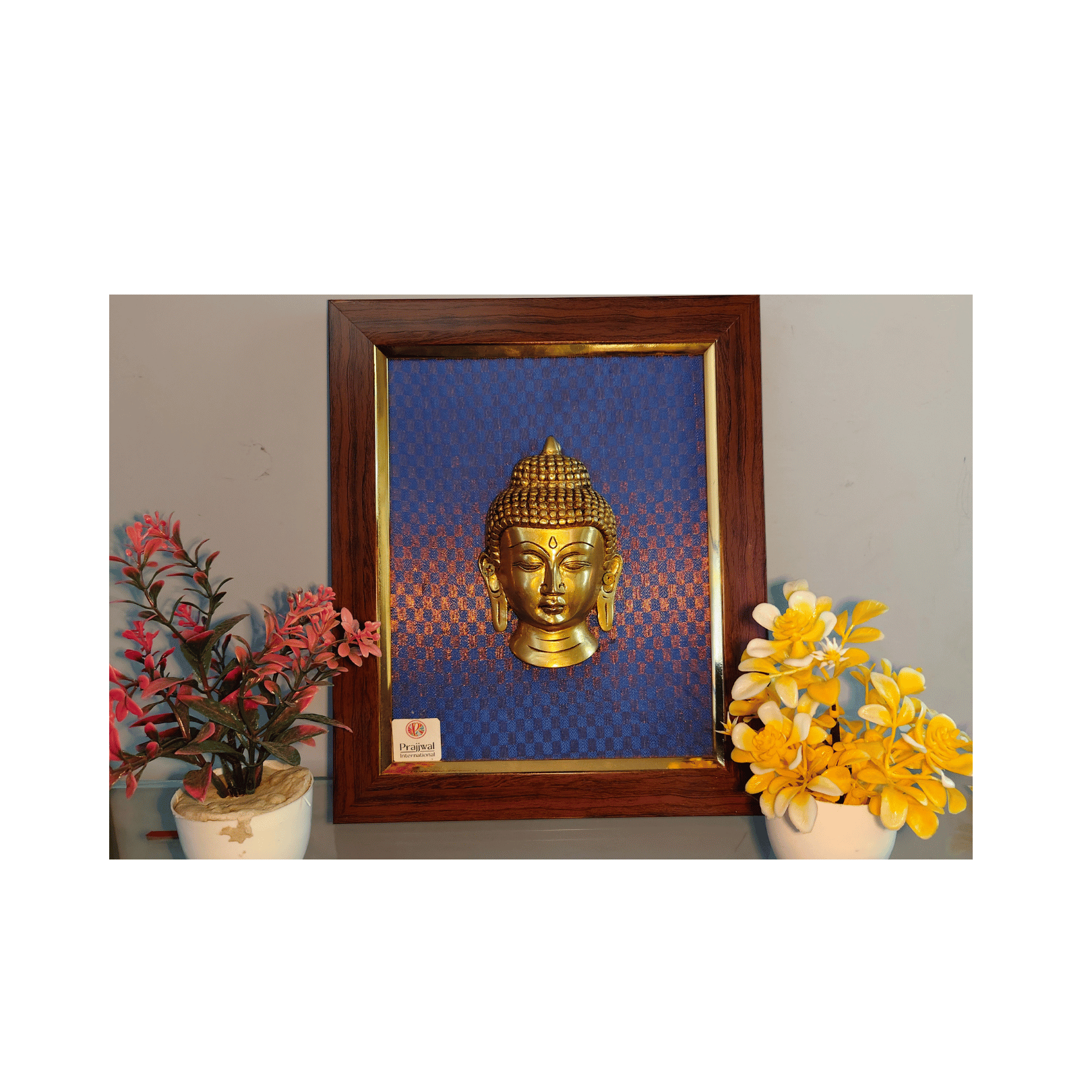 Brass Buddha Face Wall Hanging Frame – 10x12 Inch | Handcrafted Brass Art on Wooden Frame