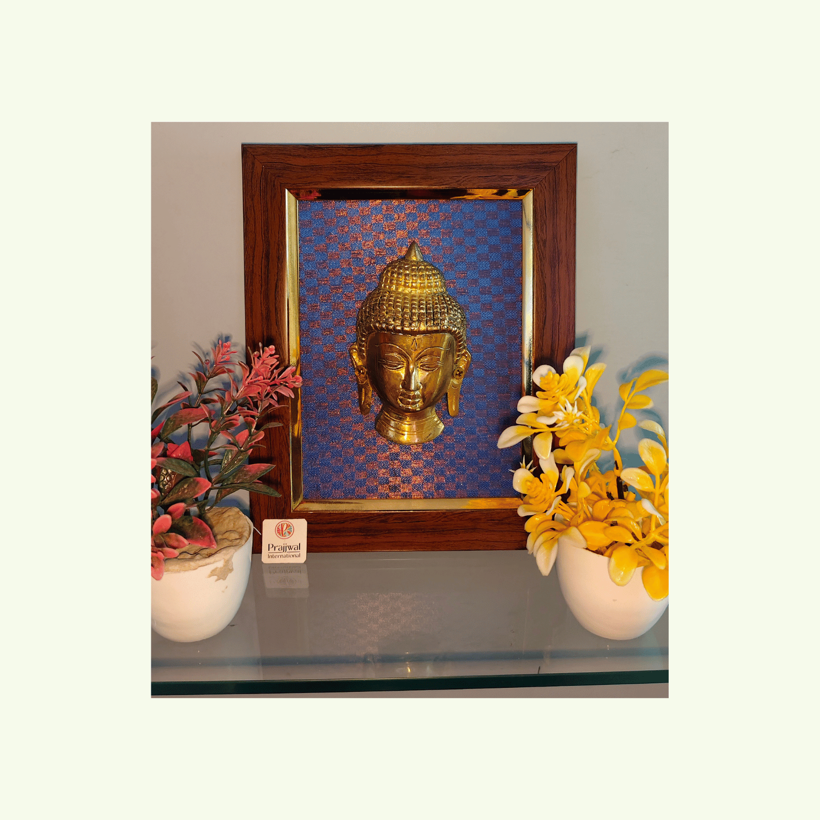 Brass Buddha Face Wall Hanging Frame – 10x8 Inch | Handcrafted Brass Art on Wooden Frame