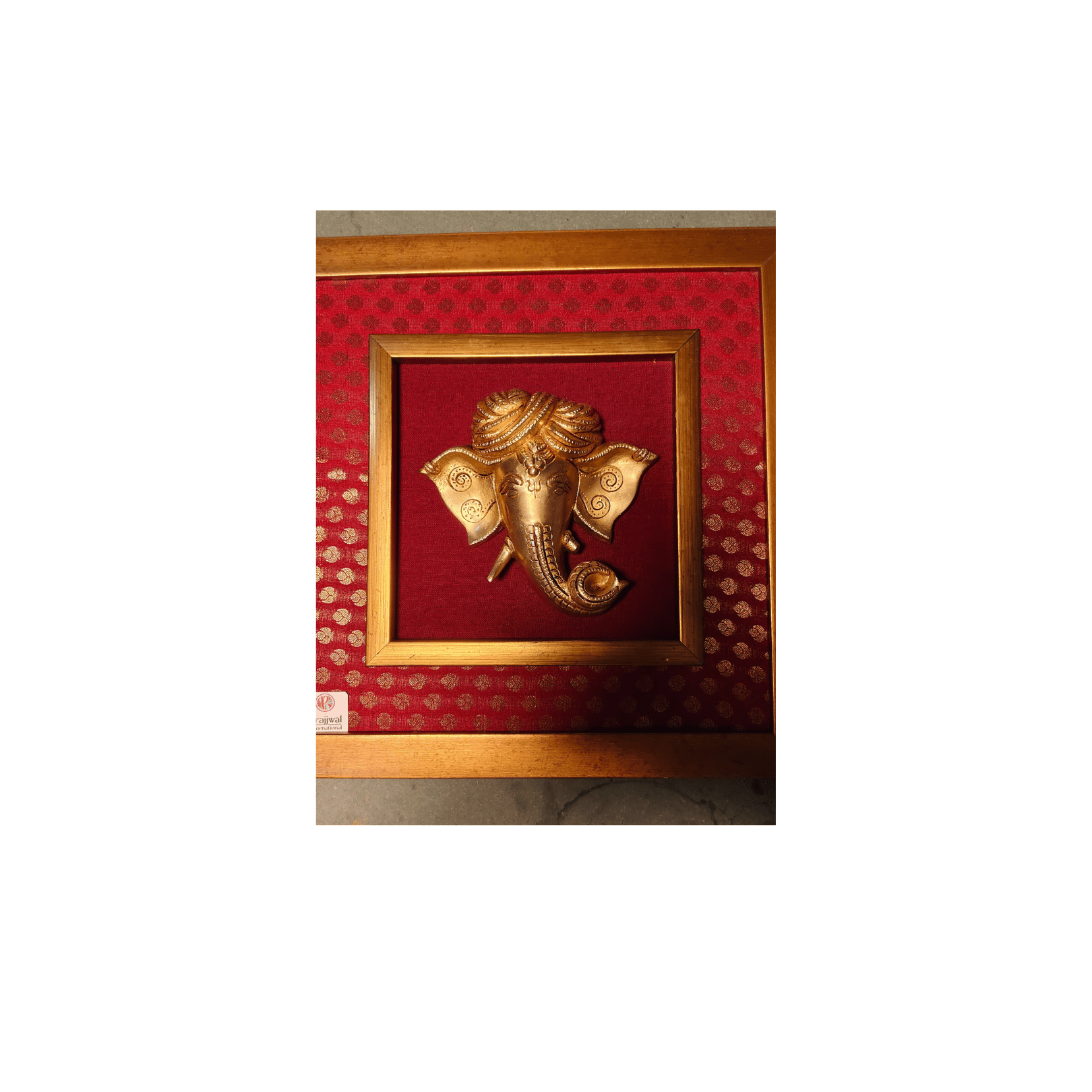 Brass Turbaned Lord Ganesha Mask Wall Hanging Frame – 14x14 Inch | Handcrafted Brass Idol on Wooden Frame