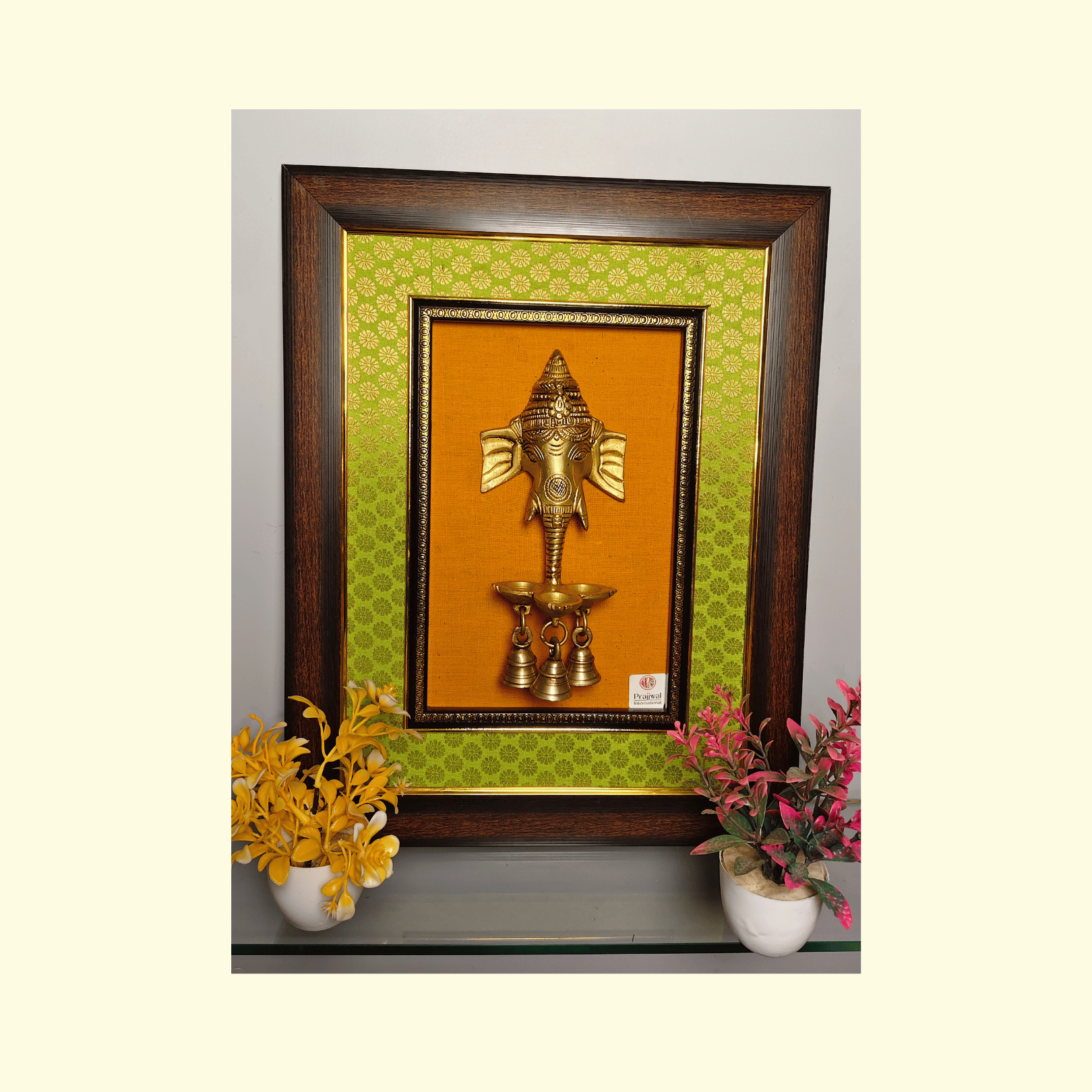 Brass Ganesha Wall Hanging with Bells – 18.5x14.5 Inch | Handcrafted Brass Idol on Wooden Frame