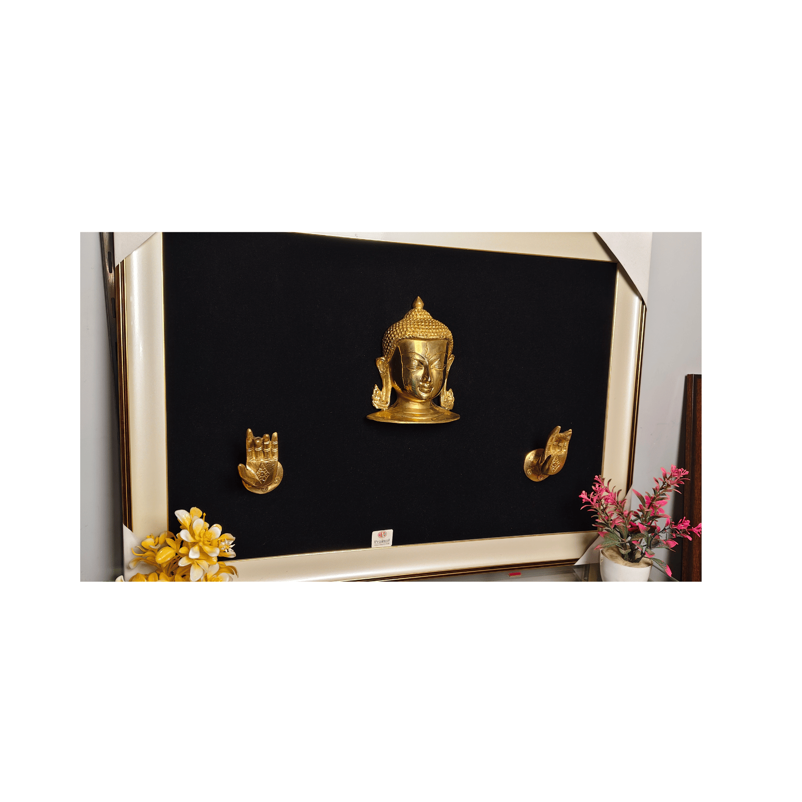 Brass Buddha Head with Hand Gestures Wall Hanging Frame – 27x19 Inch | Handcrafted Brass Art on Wooden Frame