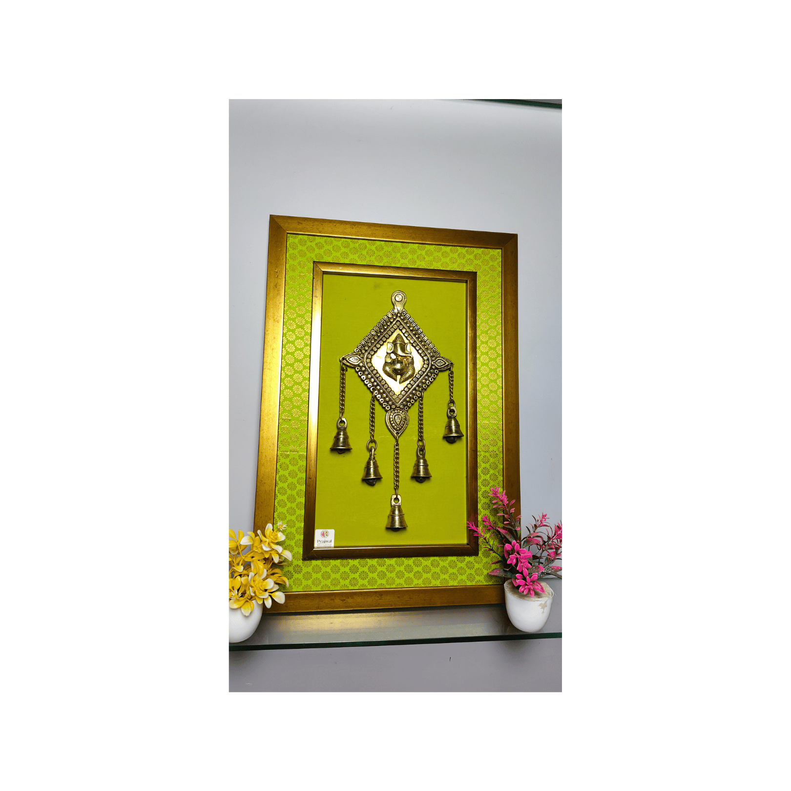 Brass Ganesha Wall Hanging Frame with Bell – 16*23 Inch | Handcrafted Brass Idol on Wooden Frame