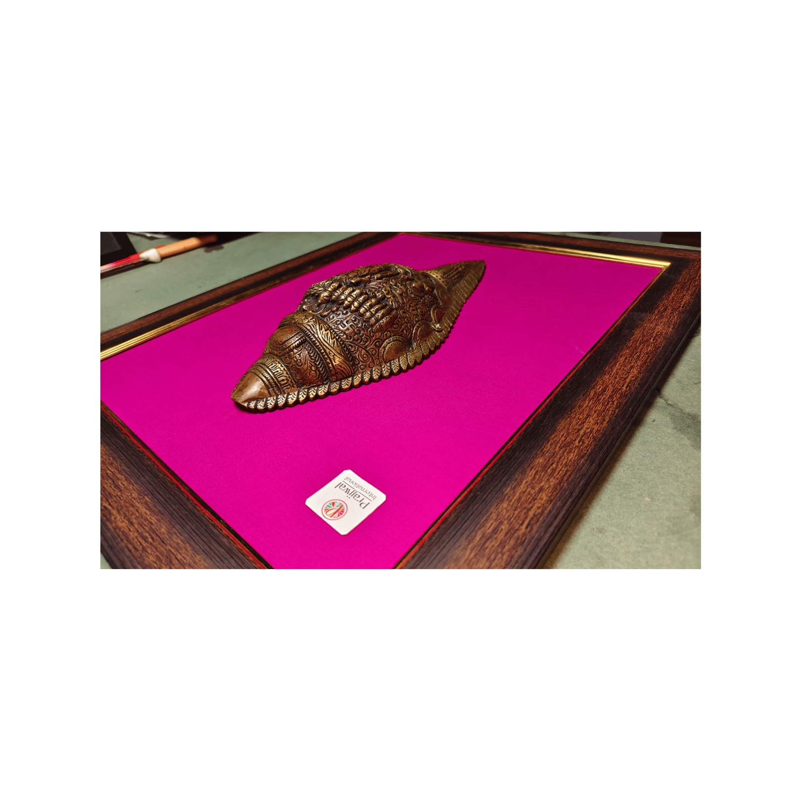 Brass Vishnu Shankh Wall Hanging Frame – 18x15 Inch | Handcrafted Brass Conch on Wooden Frame