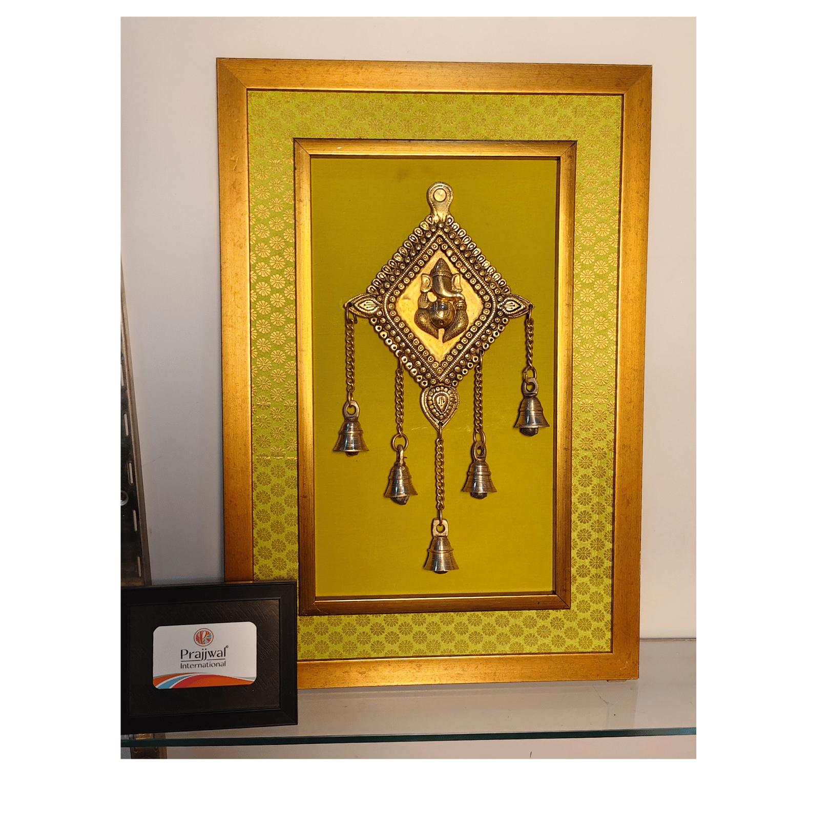 Brass Ganesha Wall Hanging Frame with Bell – 14x20 Inch | Handcrafted Brass Idol on Wooden Frame#PIF-1271