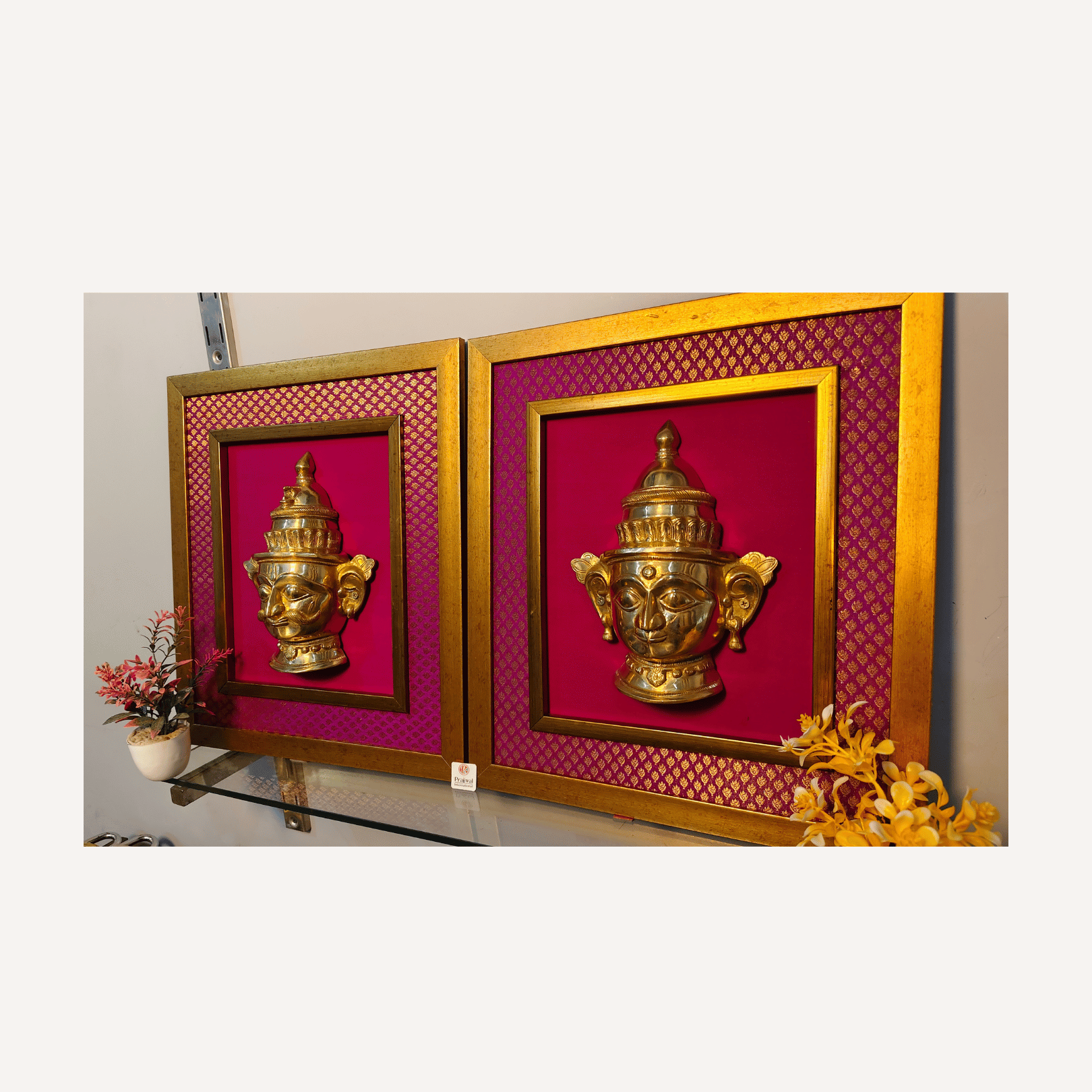 Brass Gauri & Shiv Mukhalingam Wall Hanging Frame – 15x18 Inch | Handcrafted Brass Idols on Wooden Frame