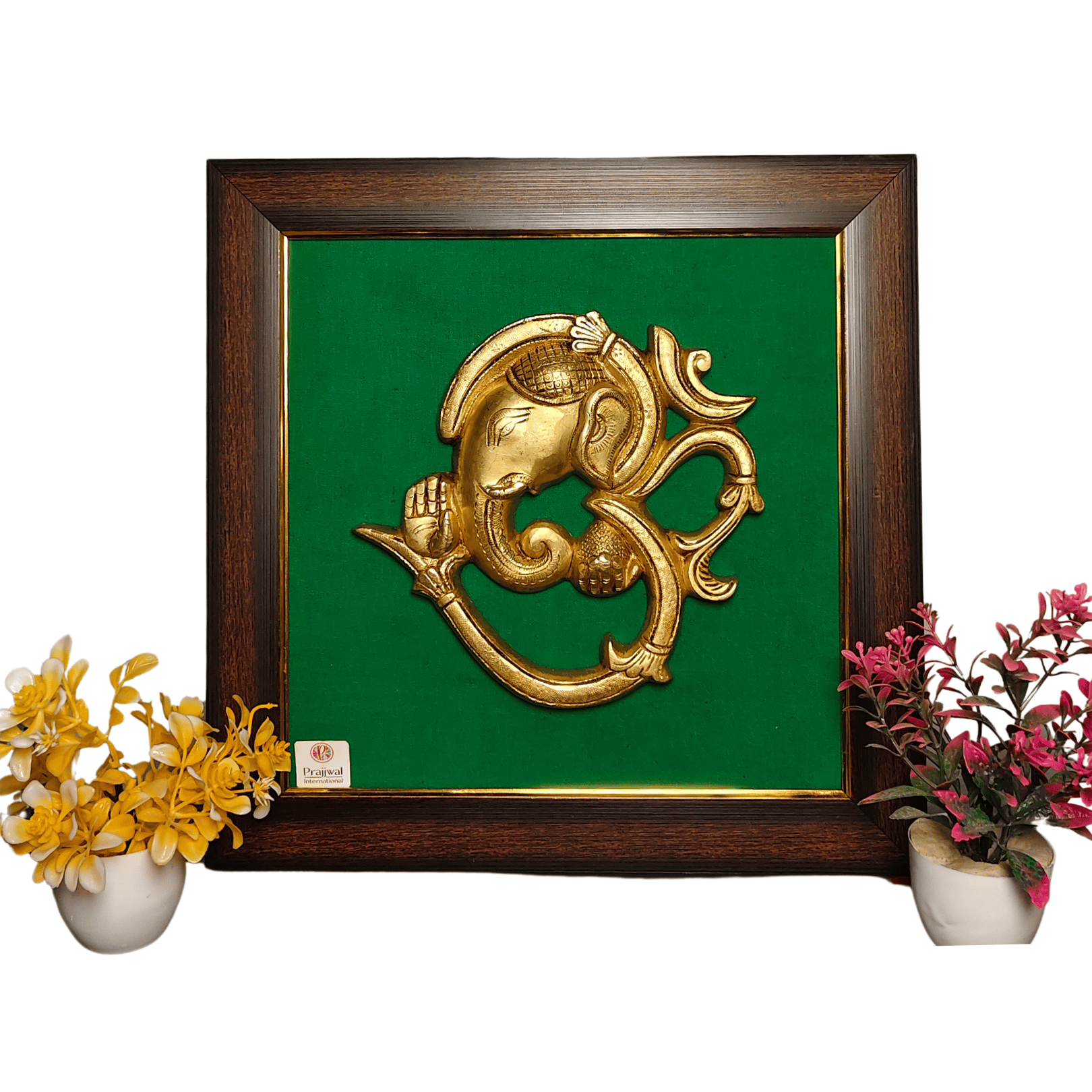 Brass Ganesha Om Symbol Panel in Wooden Frame – 15x15 Inch | Handcrafted Spiritual Wall Hanging