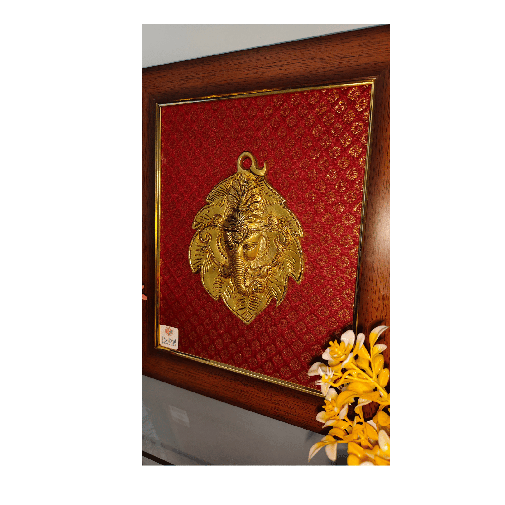 Brass Ganesha on Leaf Wall Hanging Frame – 12x15 Inch | Handcrafted Brass Idol on Wooden Frame