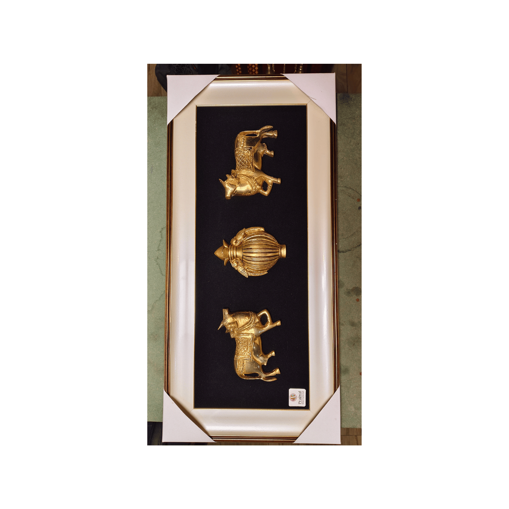 Brass Kamdhenu Cow Wall Hanging Frame – 23x11 Inch | Handcrafted Brass Idol on Wooden Frame