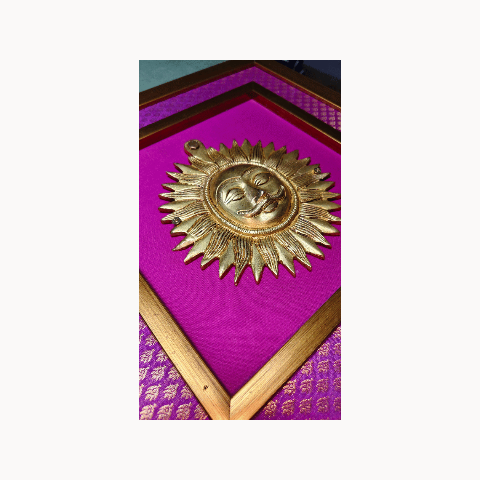 Brass Sun Wall Hanging Frame – 16x16 Inch | Handcrafted Brass Surya Idol on Wooden Frame