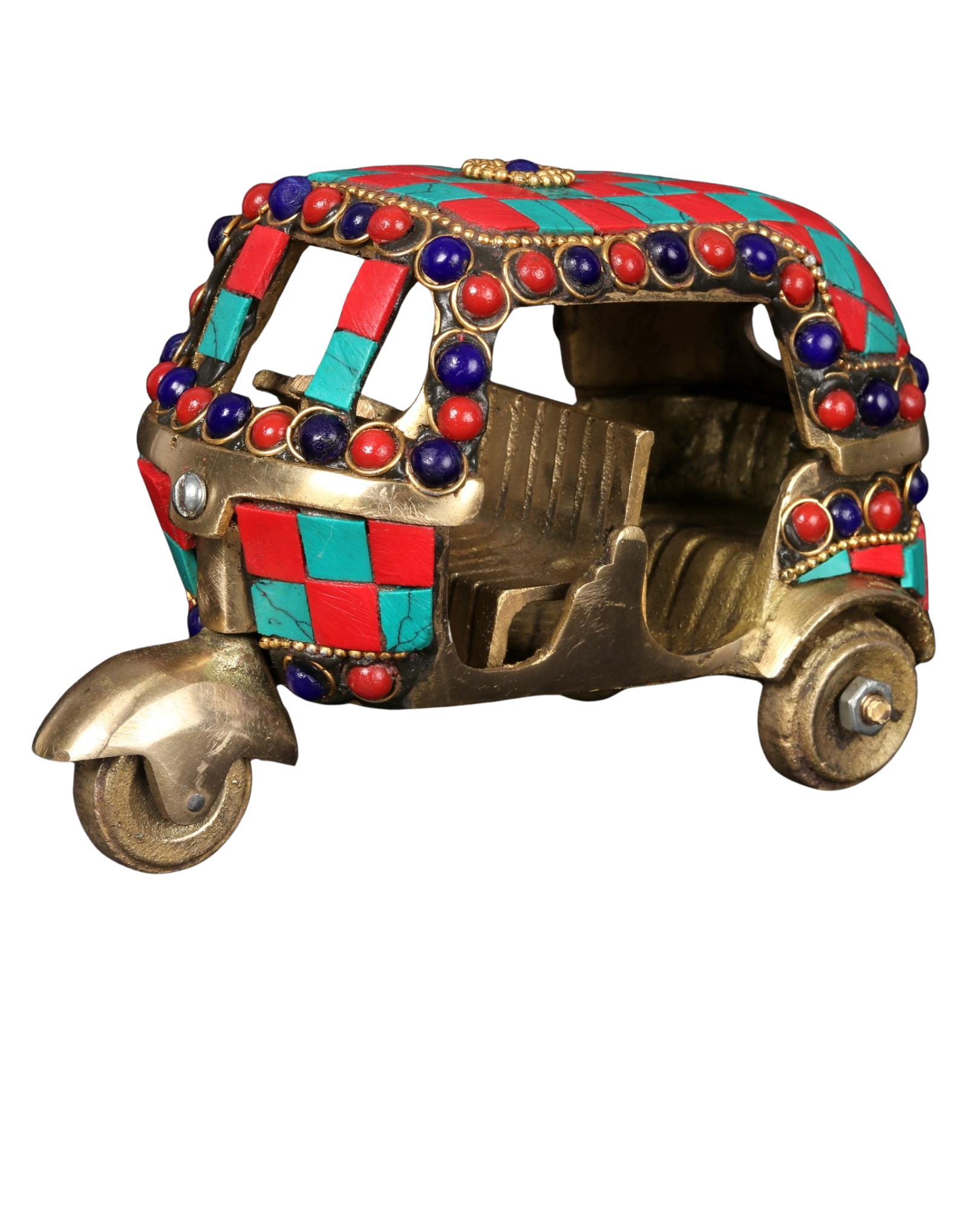 5" Brass Auto Rickshaw with Inlay Work and Wooden Detailing | Handcrafted Decorative Showpiece | Vintage Indian Tuk-Tuk Table Décor Gift Item