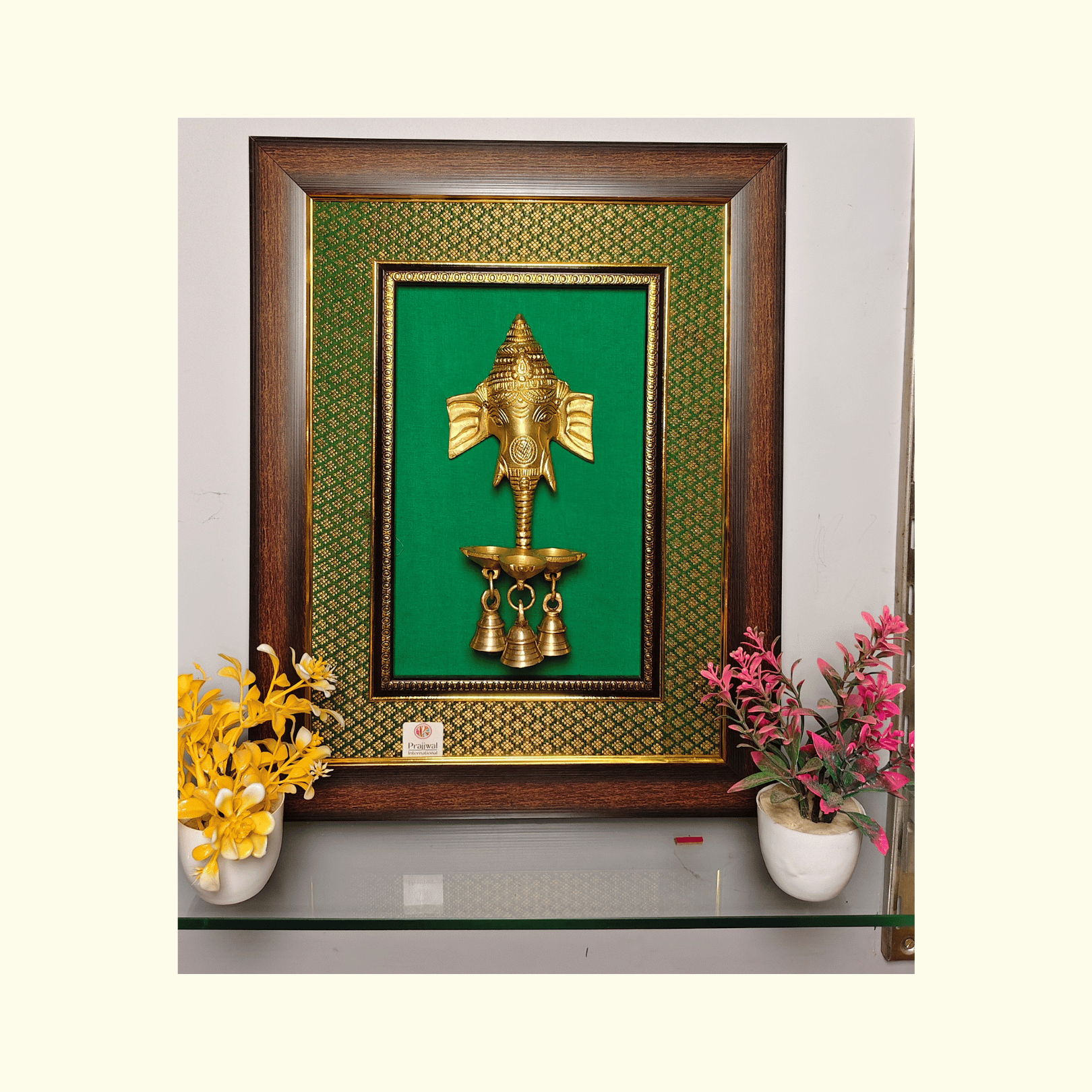 Brass Ganesha Wall Hanging with Bells – 18.5x14.5 Inch | Handcrafted Brass Idol on Wooden Frame