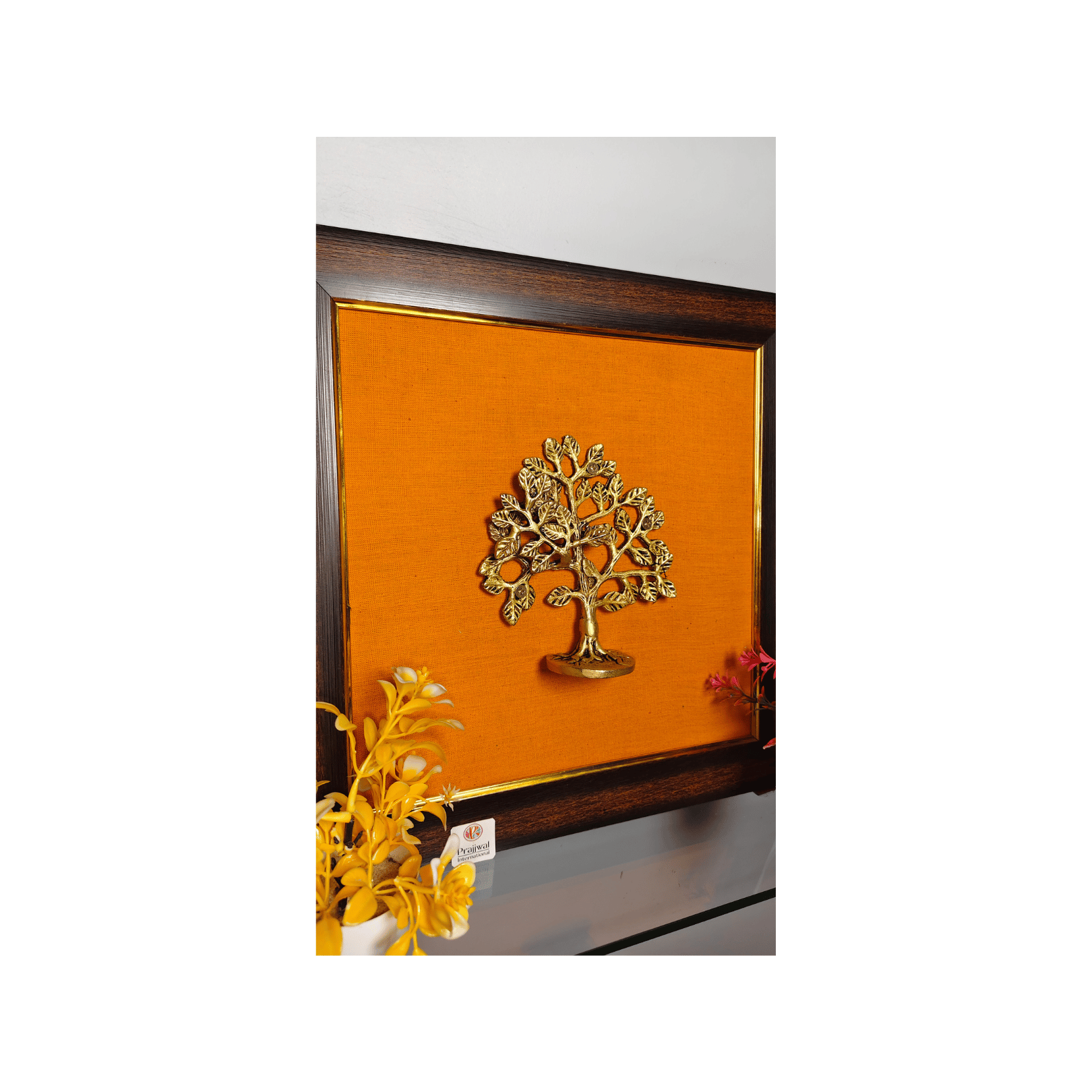 Brass Karpaga Virutcham Tree Wall Hanging Frame – 14x14 Inch | Handcrafted Brass on Wooden Frame