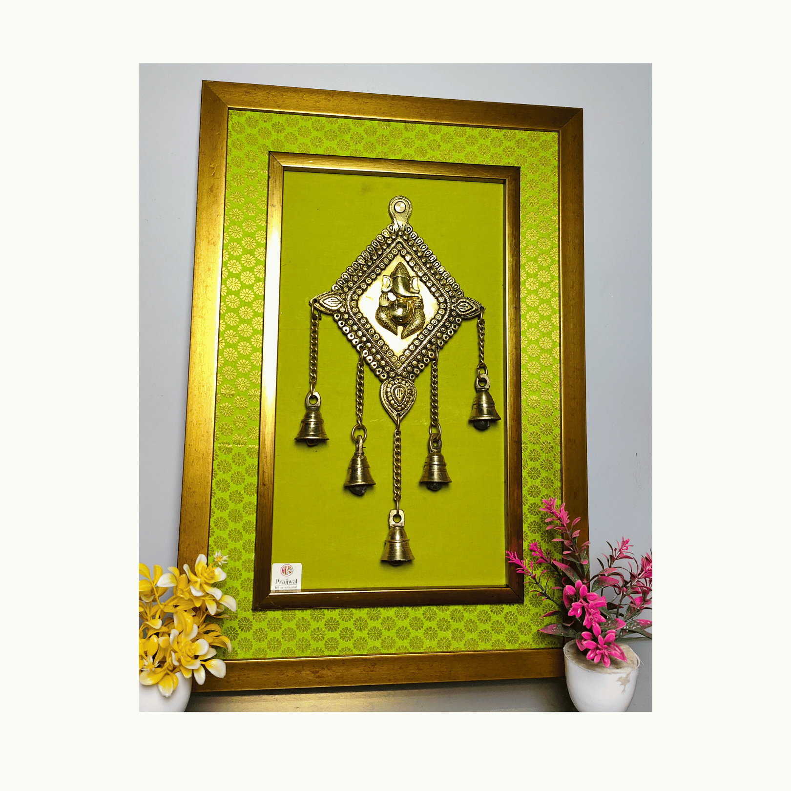 Brass Ganesha Wall Hanging Frame with Bell – 16*23 Inch | Handcrafted Brass Idol on Wooden Frame