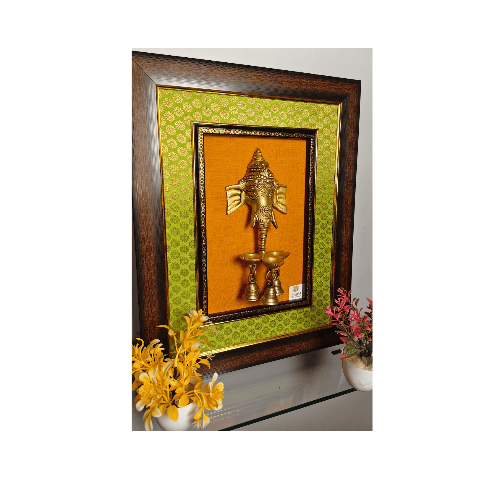 Brass Ganesha Wall Hanging with Bells – 18.5x14.5 Inch | Handcrafted Brass Idol on Wooden Frame
