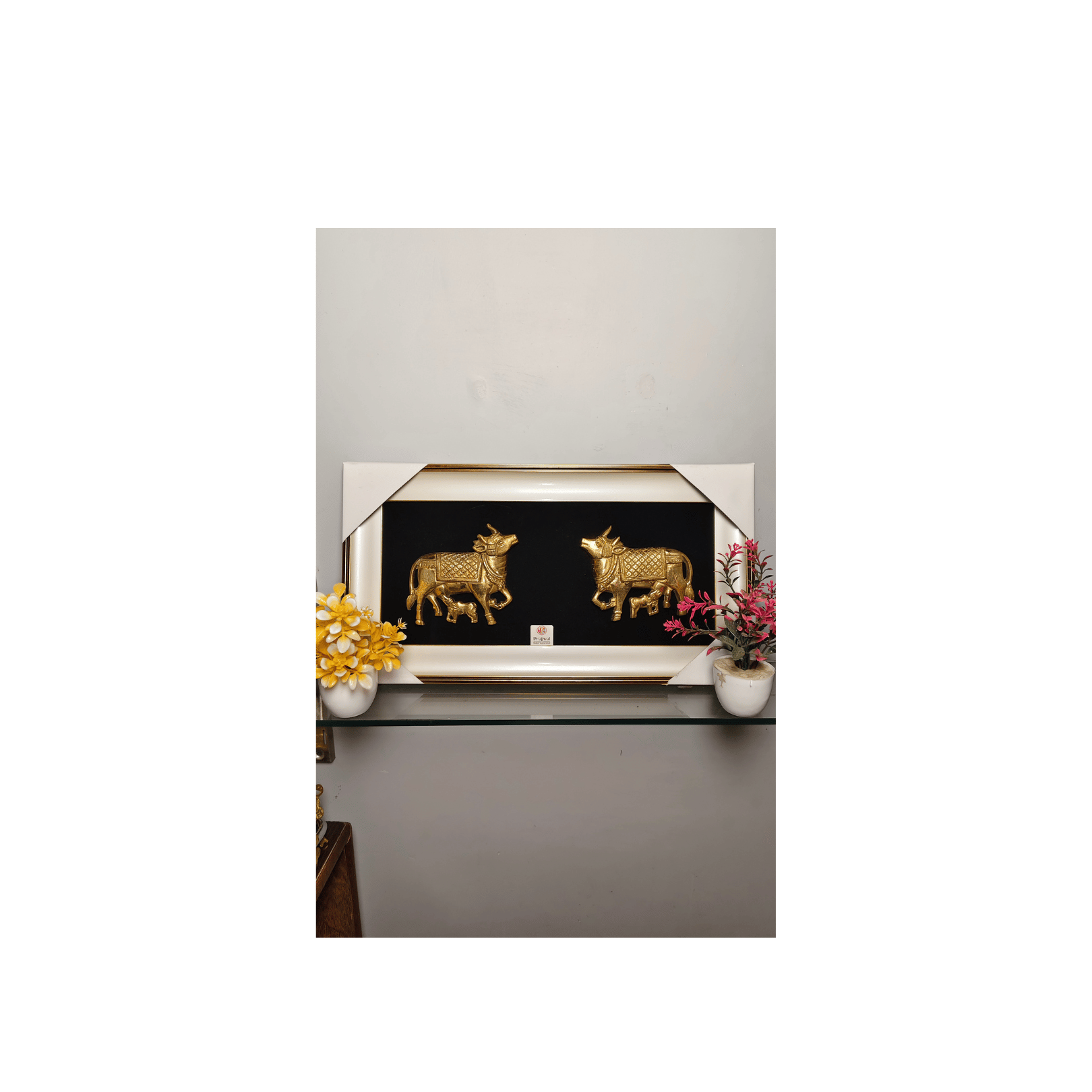 Brass Kamdhenu Cow and Calf Wall Hanging Frame – 20x11 Inch | Handcrafted Brass Idol on Wooden Frame