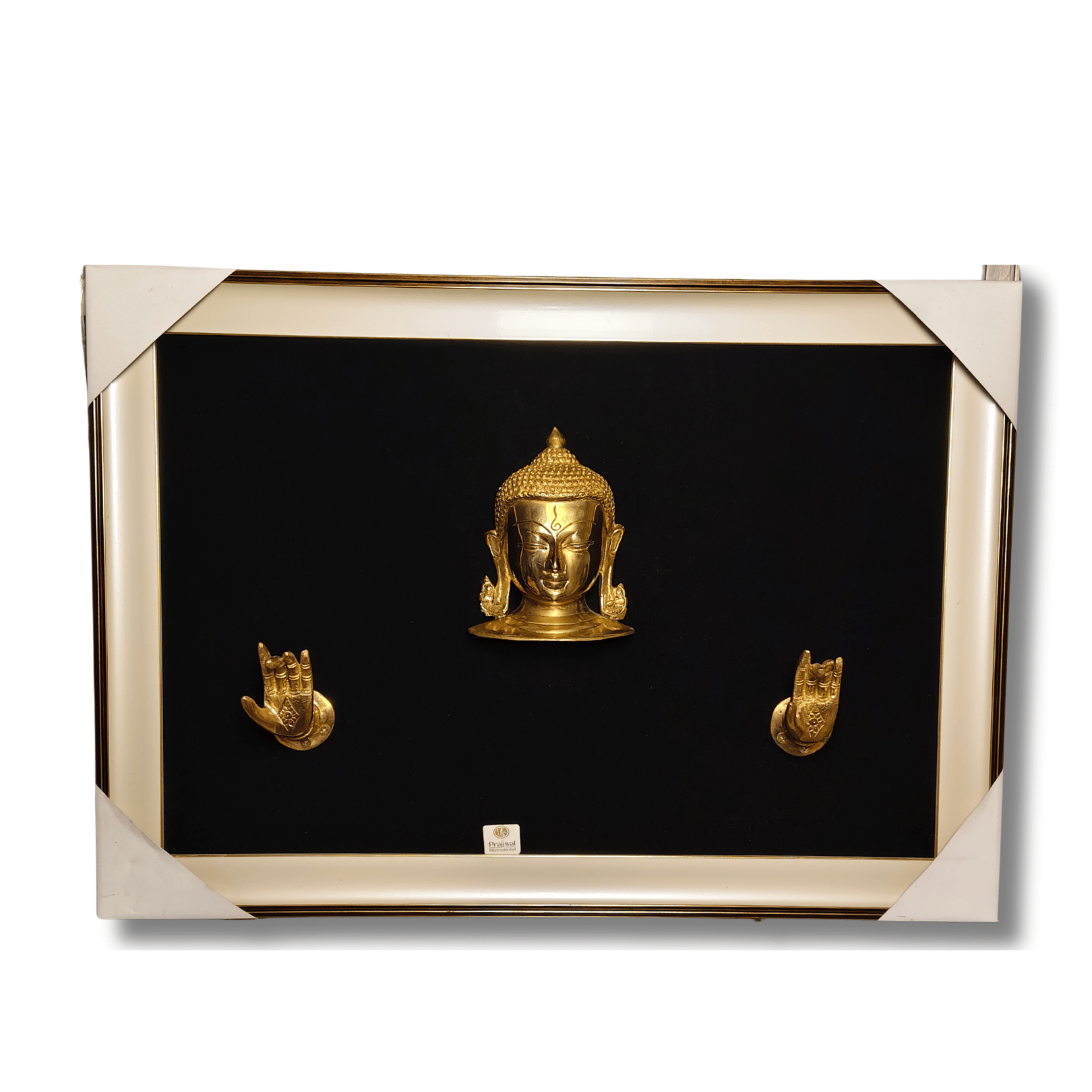 Brass Buddha Head with Hand Gestures Wall Hanging Frame – 27x19 Inch | Handcrafted Brass Art on Wooden Frame