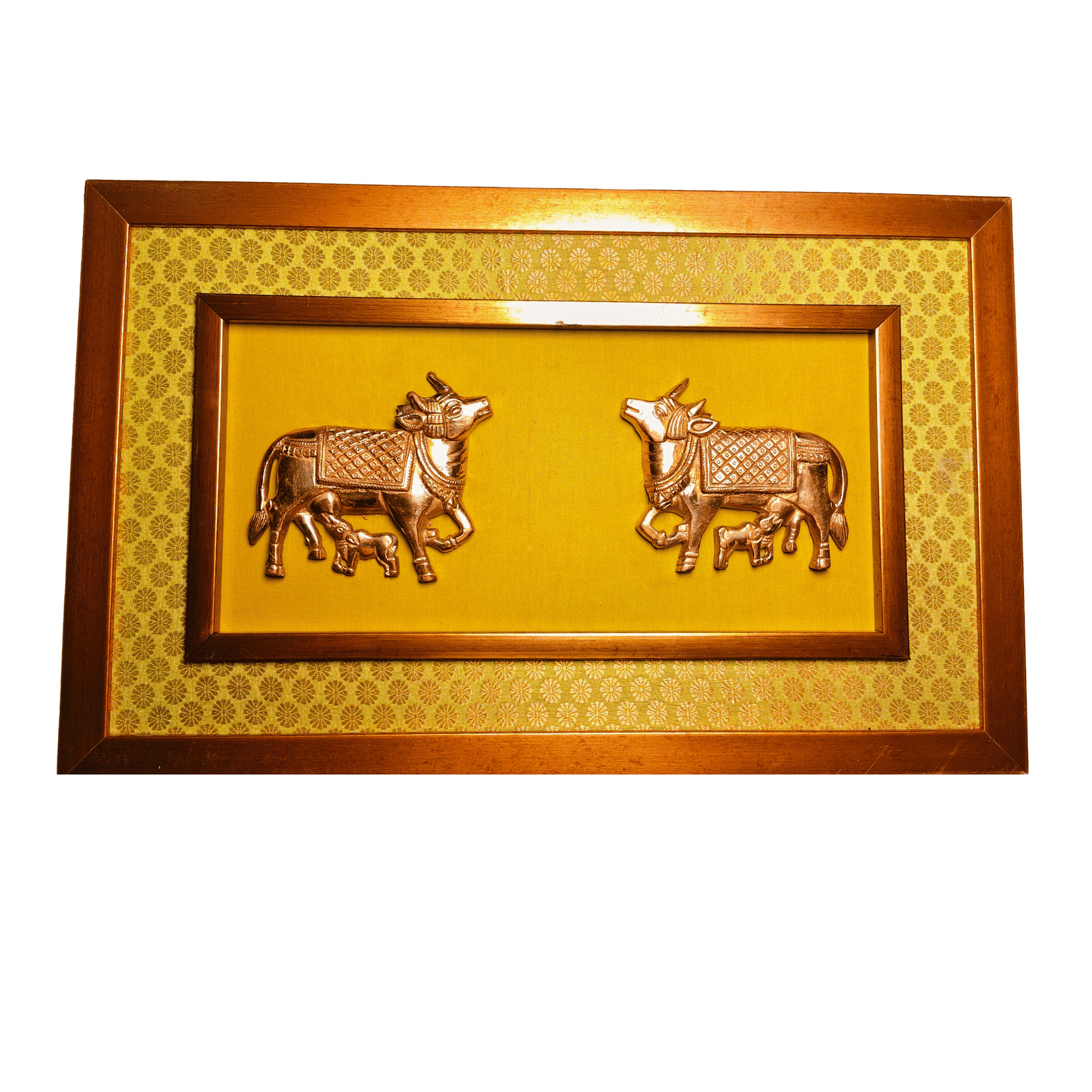 Brass Kamdhenu Cow and Calf Wall Hanging Frame – 14x16 Inch | Handcrafted Spiritual Wall Art#PIF-1262