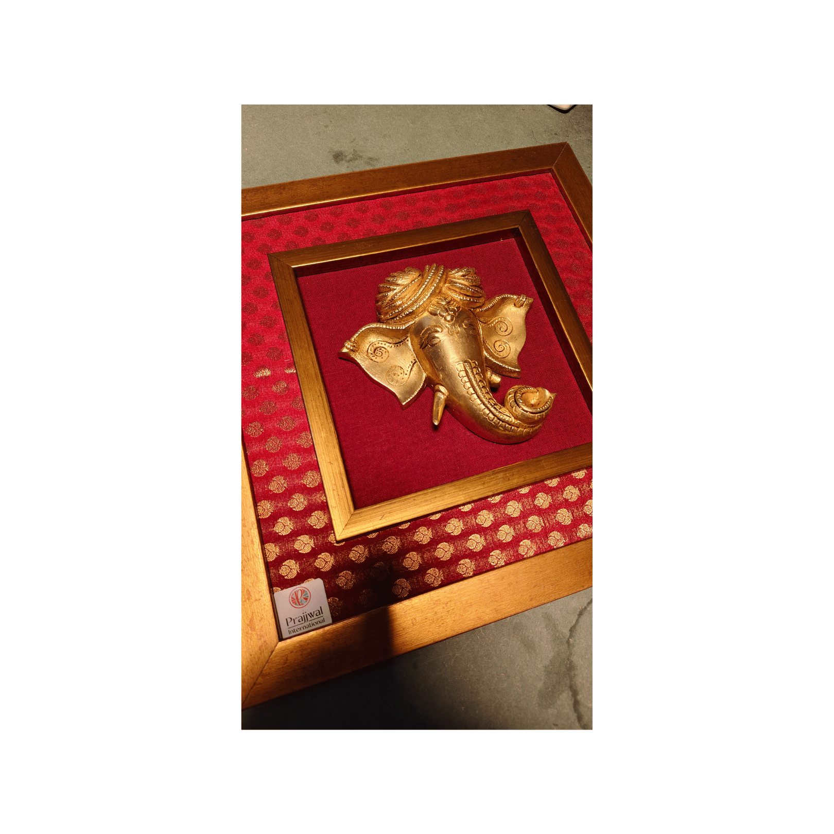 Brass Turbaned Lord Ganesha Mask Wall Hanging Frame – 14x14 Inch | Handcrafted Brass Idol on Wooden Frame