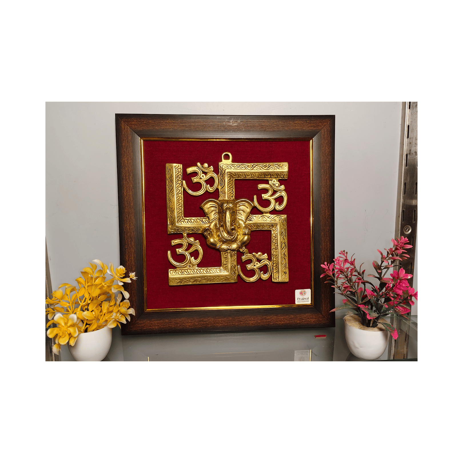 Brass Swastik Ganesha Wall Hanging Frame – 14.5x14.5 Inch | Handcrafted Brass Art on Wooden Frame