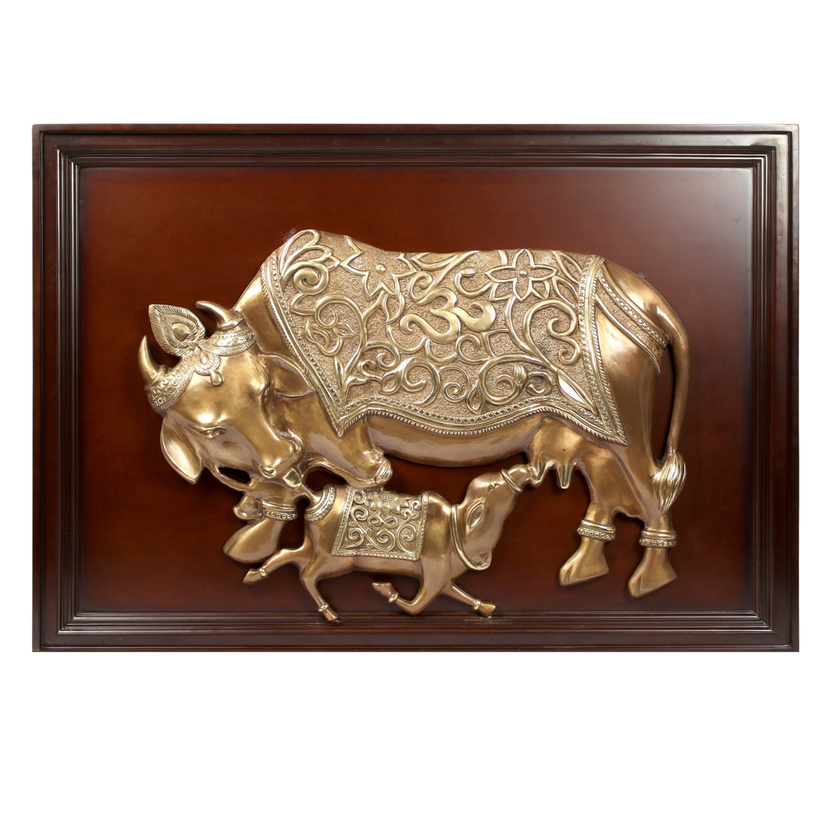 Big Kamdhenu Cow with Calf | Brass Wooden Frame Wall Décor