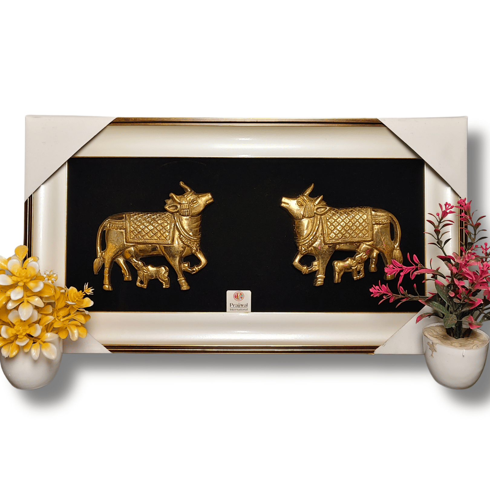 Brass Kamdhenu Cow and Calf Wall Hanging Frame – 20x11 Inch | Handcrafted Brass Idol on Wooden Frame