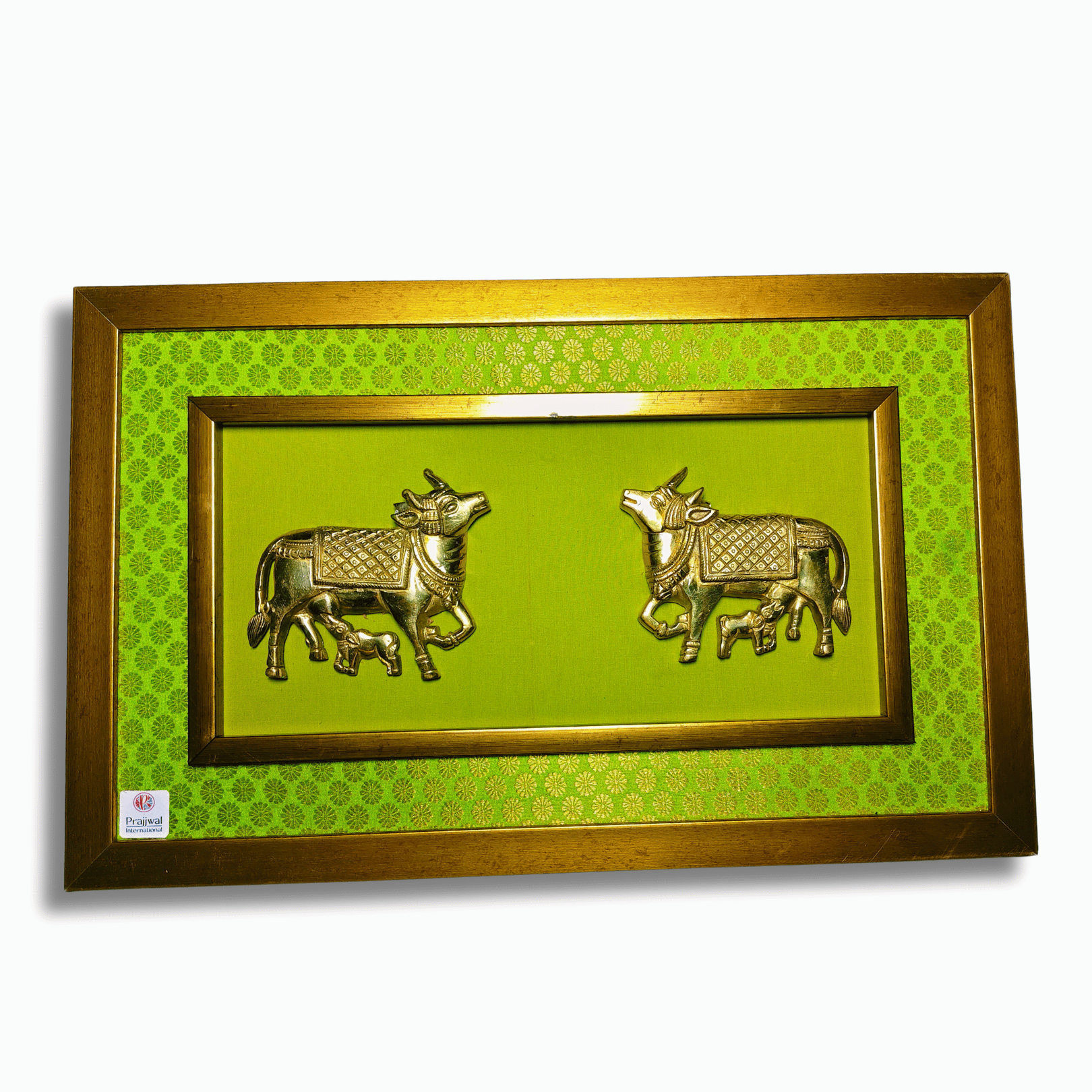 Brass Kamdhenu Cow and Calf Wall Hanging Frame – 14x16 Inch | Handcrafted Spiritual Wall Art