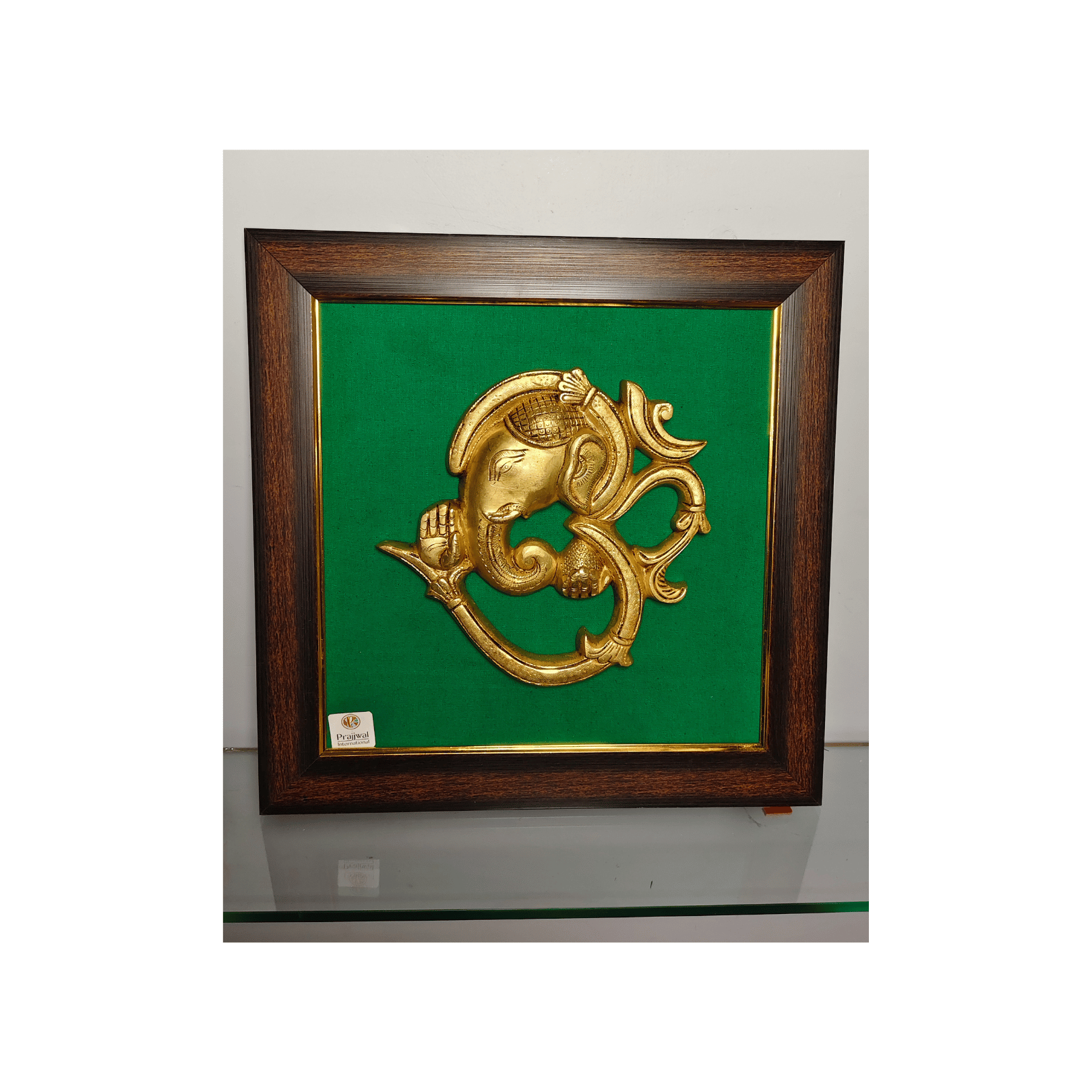 Brass Ganesha Om Symbol Panel in Wooden Frame – 15x15 Inch | Handcrafted Spiritual Wall Hanging