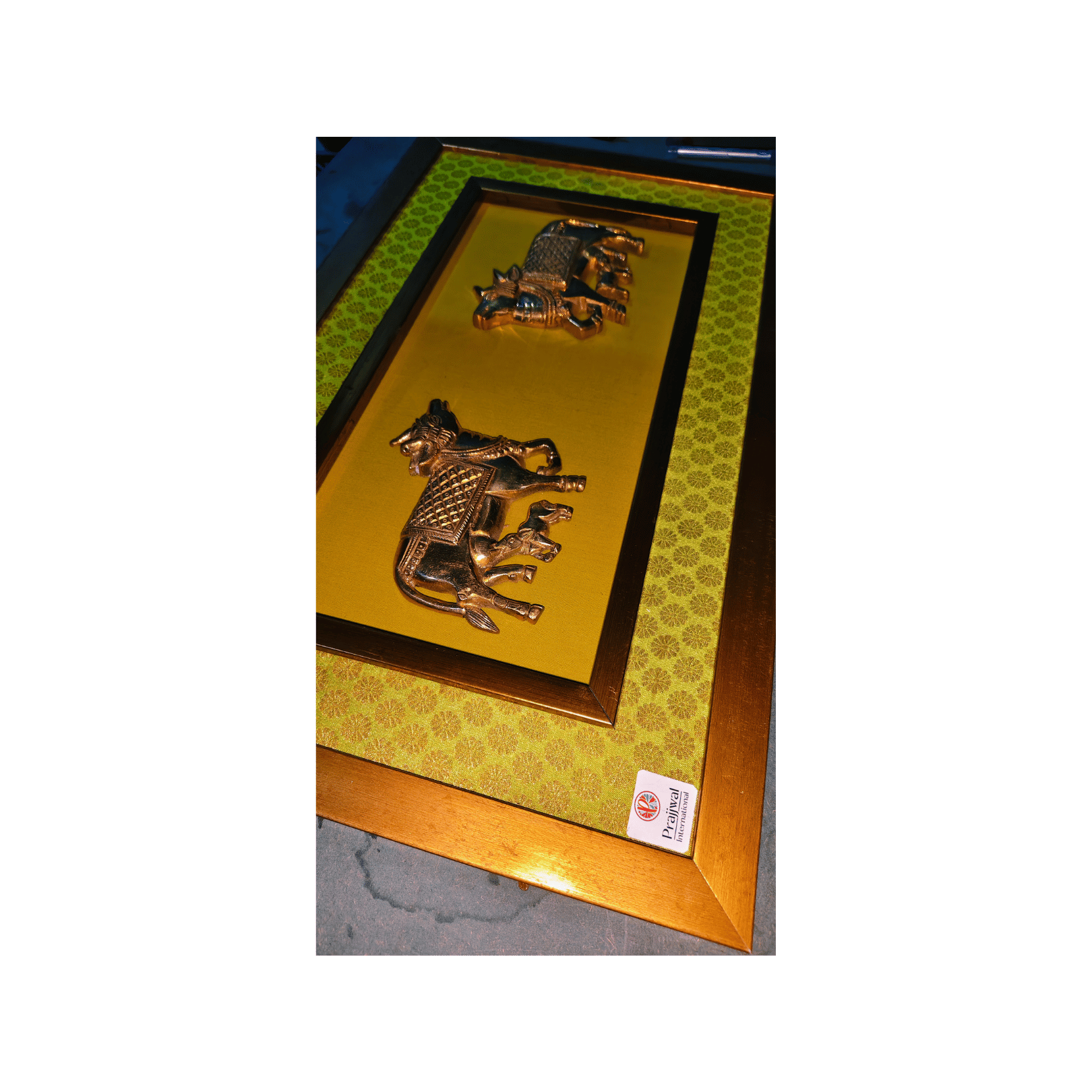 Brass Kamdhenu Cow and Calf Wall Hanging Frame – 14x16 Inch | Handcrafted Spiritual Wall Art