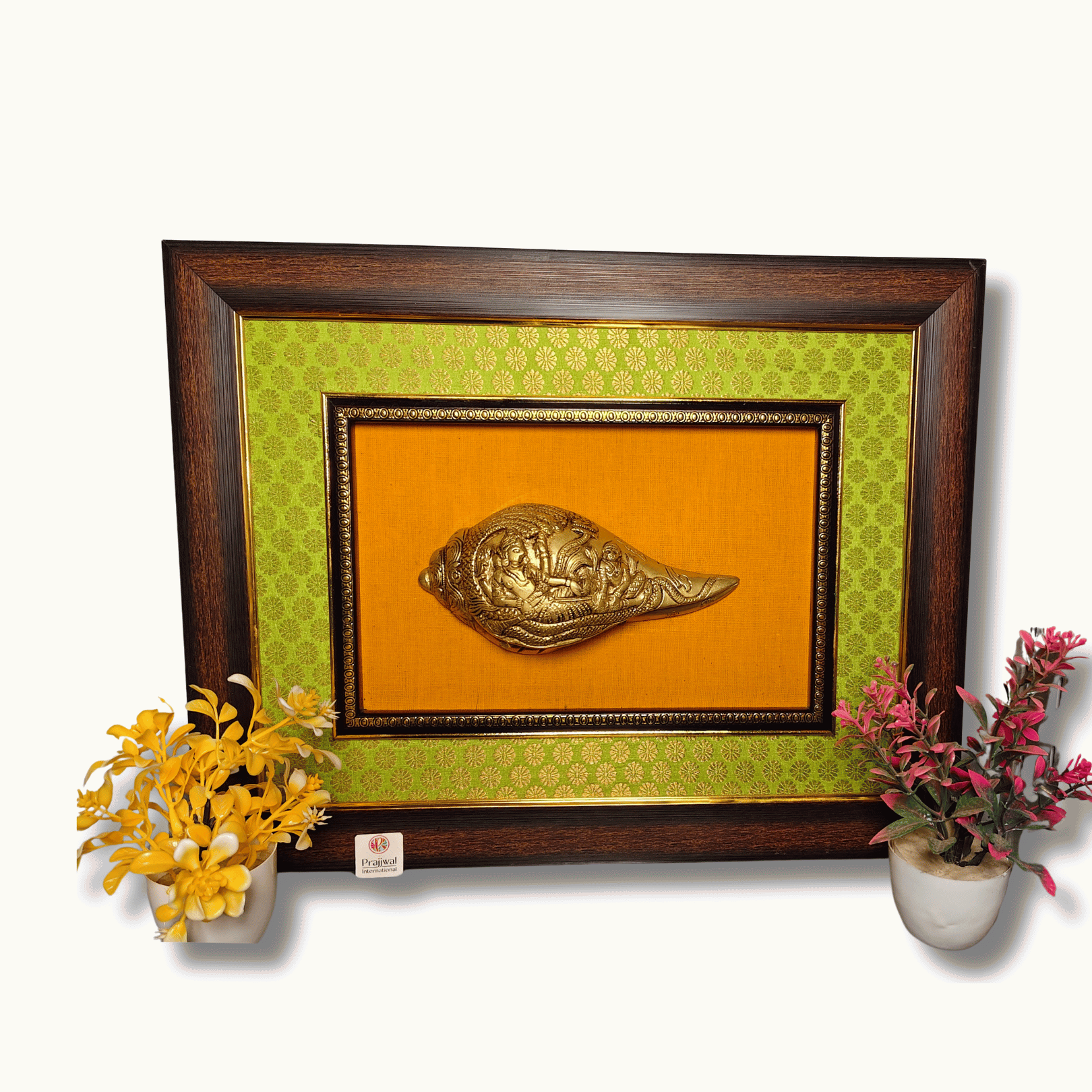 Brass Vishnu & Lakshmi Shankh Wall Hanging Frame – 14x18 Inch | Handcrafted Brass on Wooden Frame