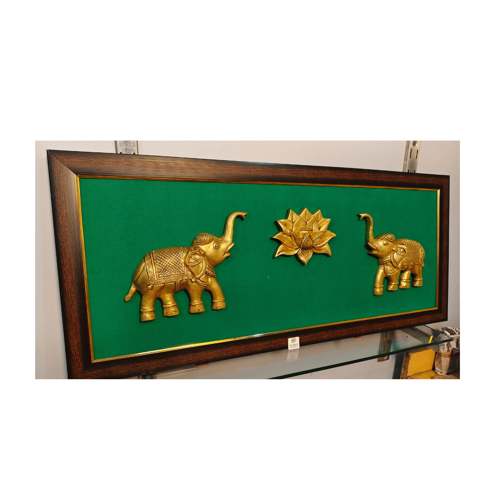 Brass Elephant with Lotus Wall Hanging Frame – 36x16 Inch | Handcrafted Brass Decorative Art on Wooden Frame