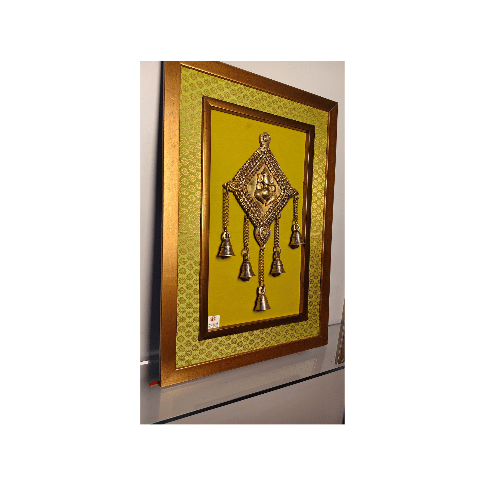 Brass Ganesha Wall Hanging Frame with Bell – 14x20 Inch | Handcrafted Brass Idol on Wooden Frame